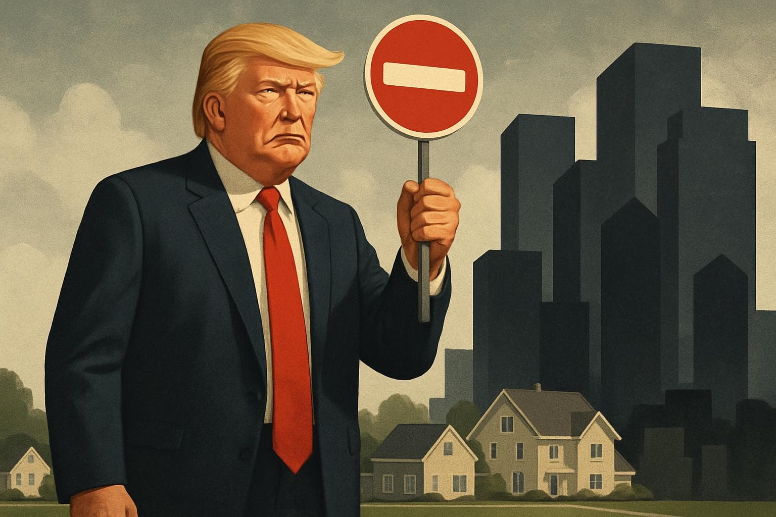 Donald Trump holding a 'No Entry' sign in front of suburban homes