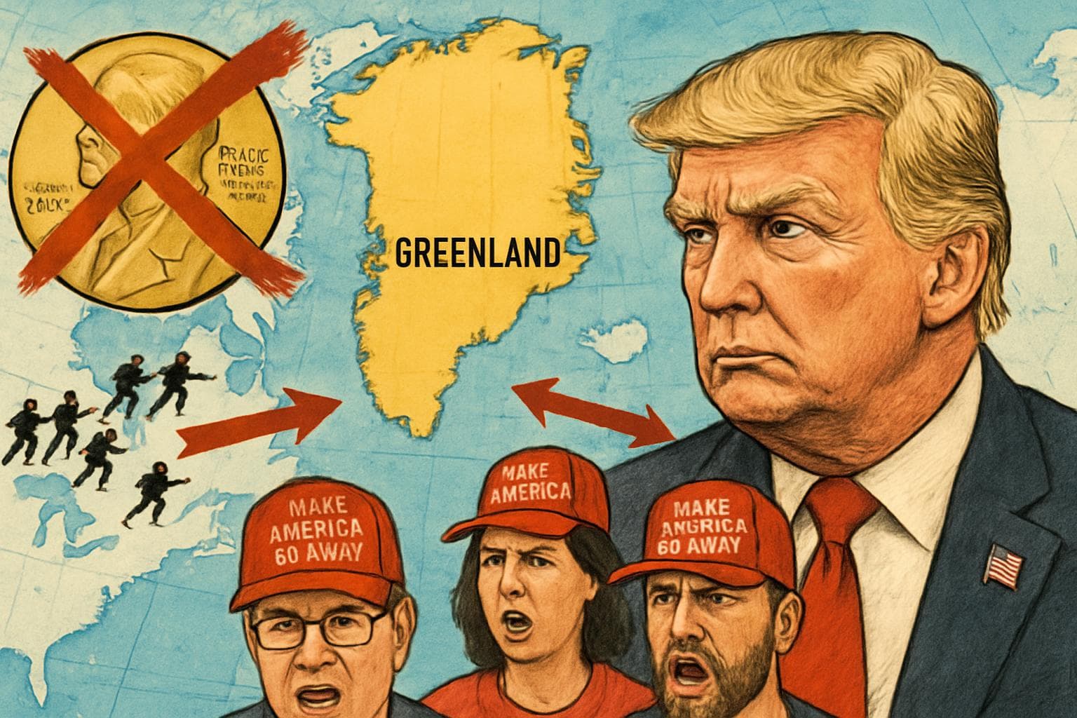 Trump with crossed-out Nobel Peace Prize and Greenland map
