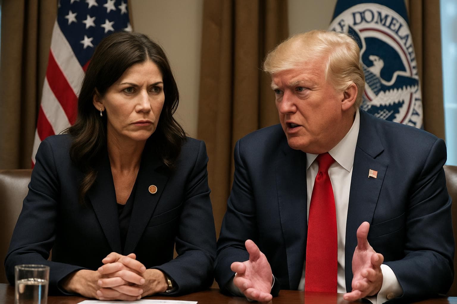 Donald Trump and Kristi Noem in a meeting discussing travel bans