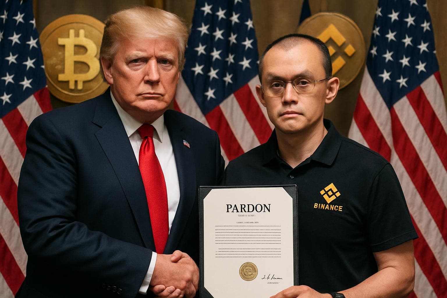 Trump pardoning Binance founder Changpeng Zhao with flags and crypto symbols