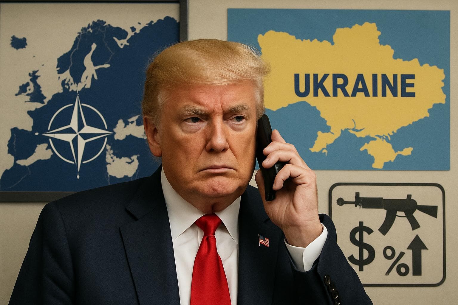 Donald Trump holding a phone with NATO and Ukraine maps in the background