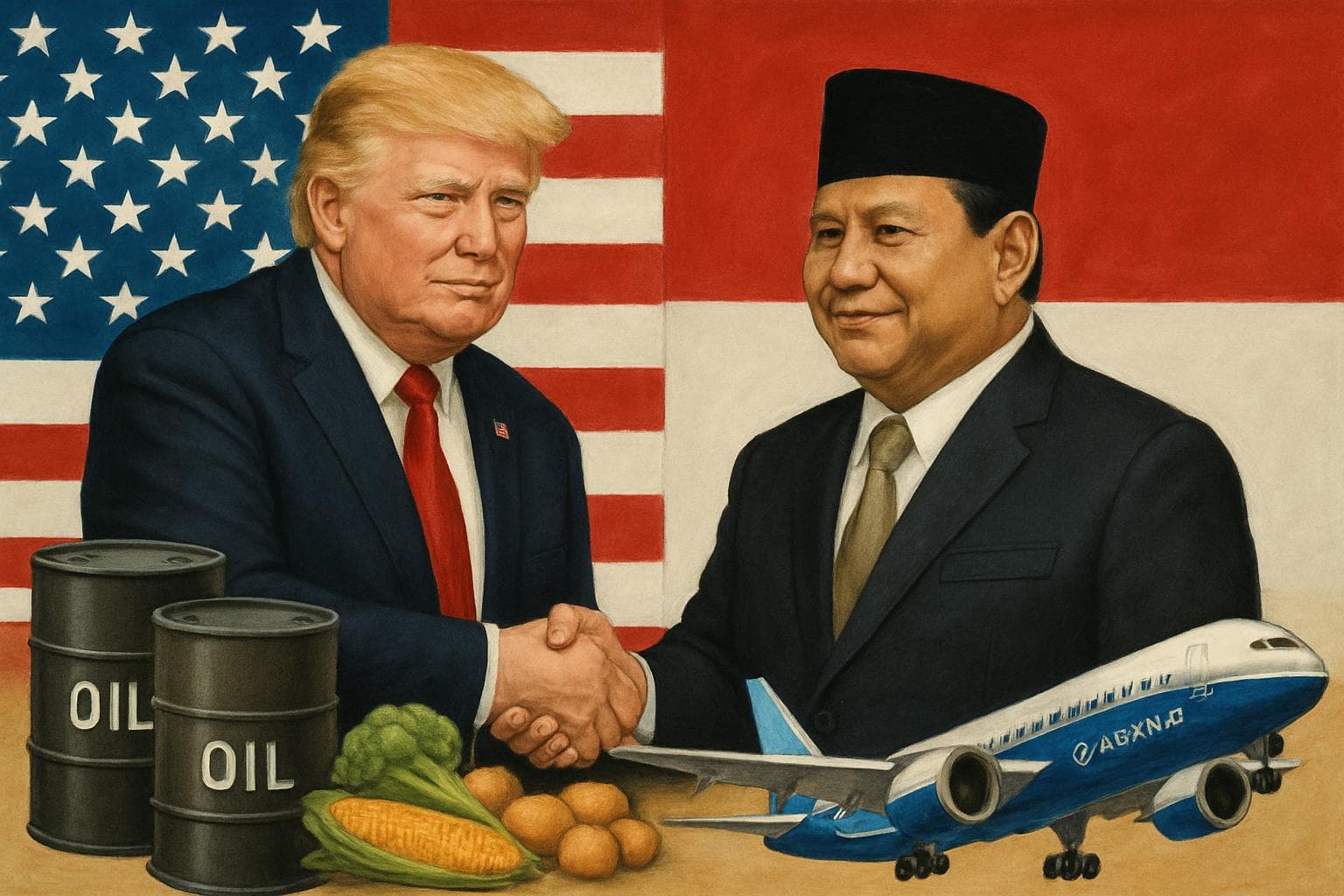 Donald Trump and Prabowo Subianto shaking hands with trade symbols around