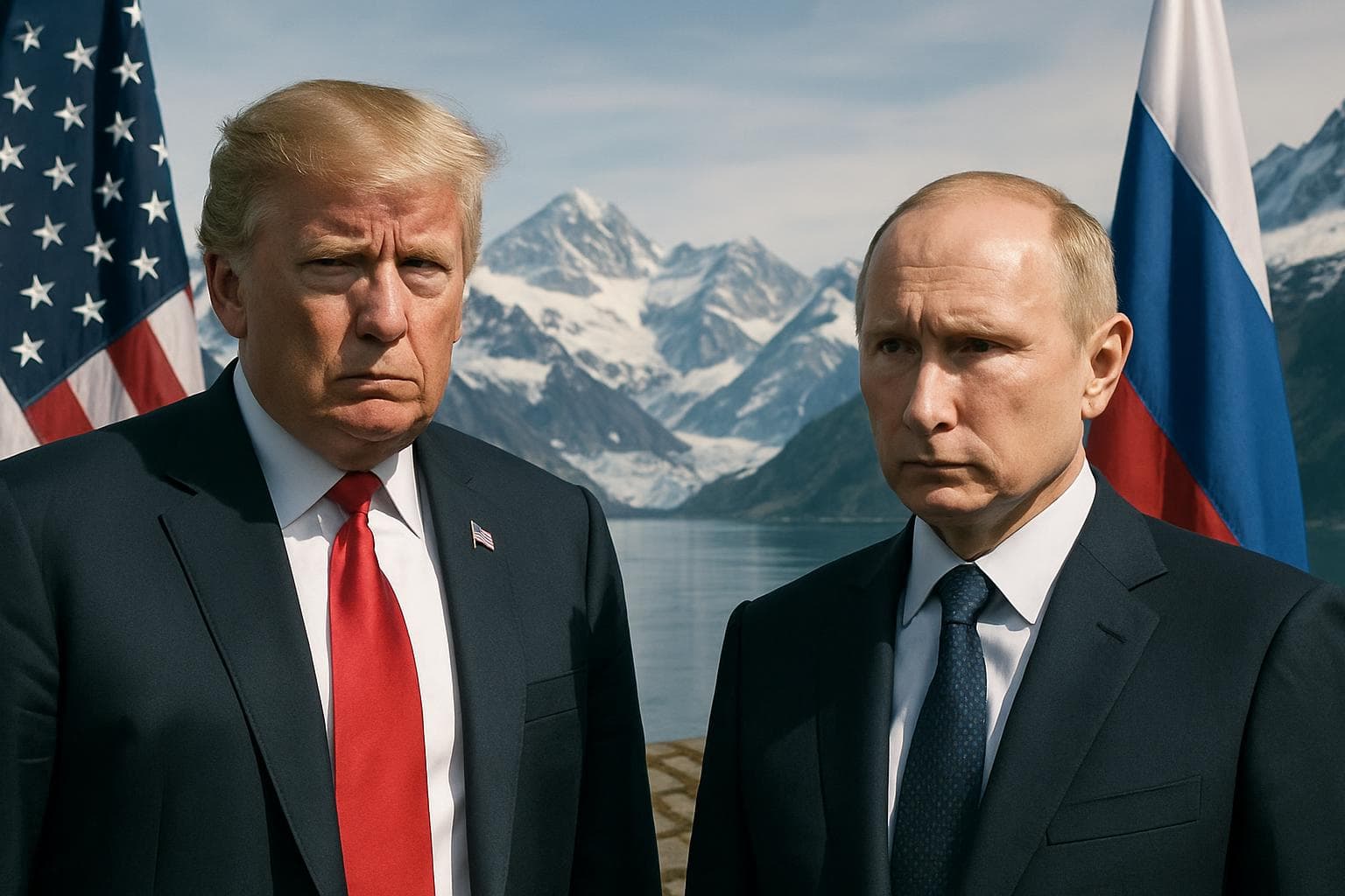 Donald Trump and Vladimir Putin at Alaska summit with icy mountains