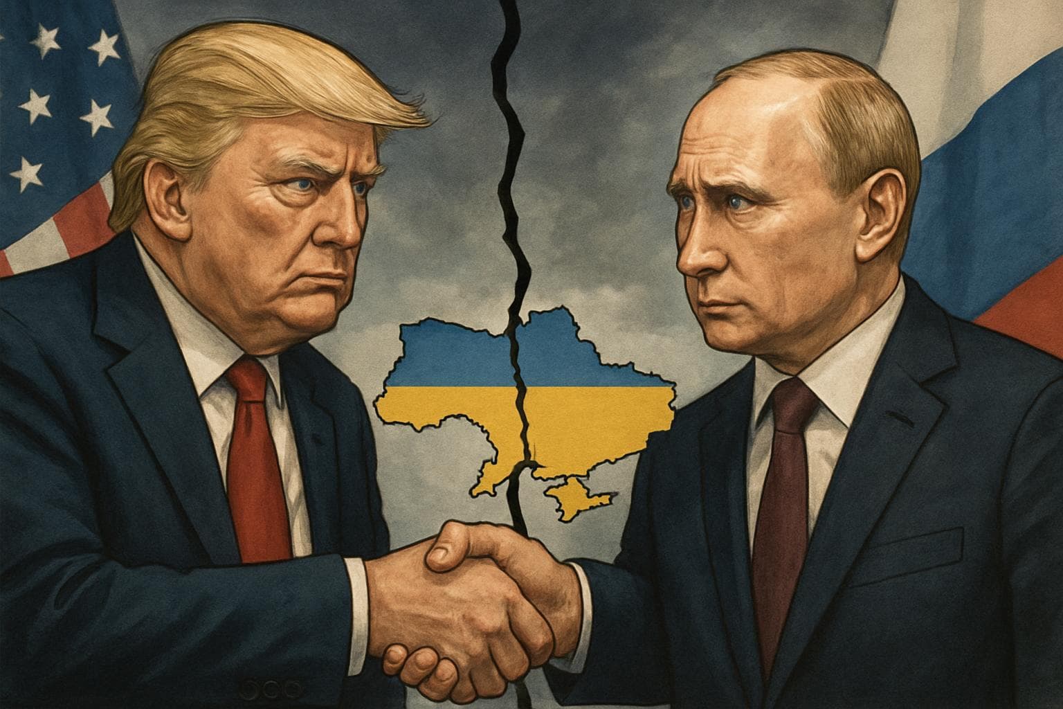 Trump and Putin handshake with Ukraine map in the middle