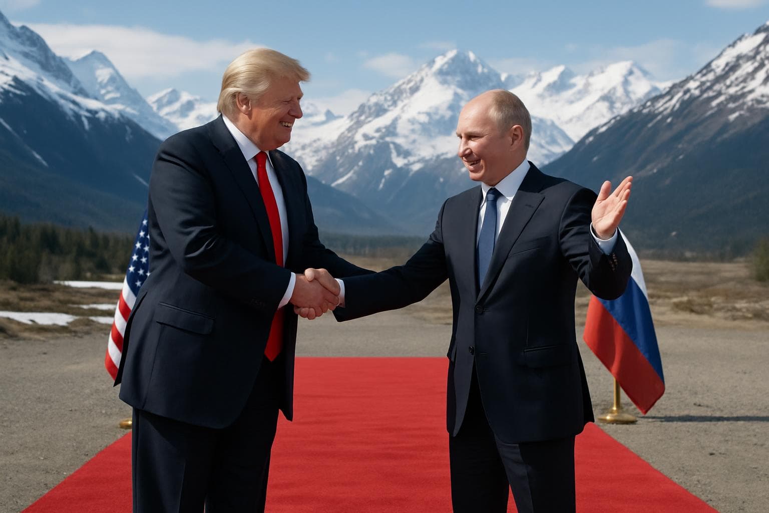 Trump and Putin meeting on a red carpet in Alaska