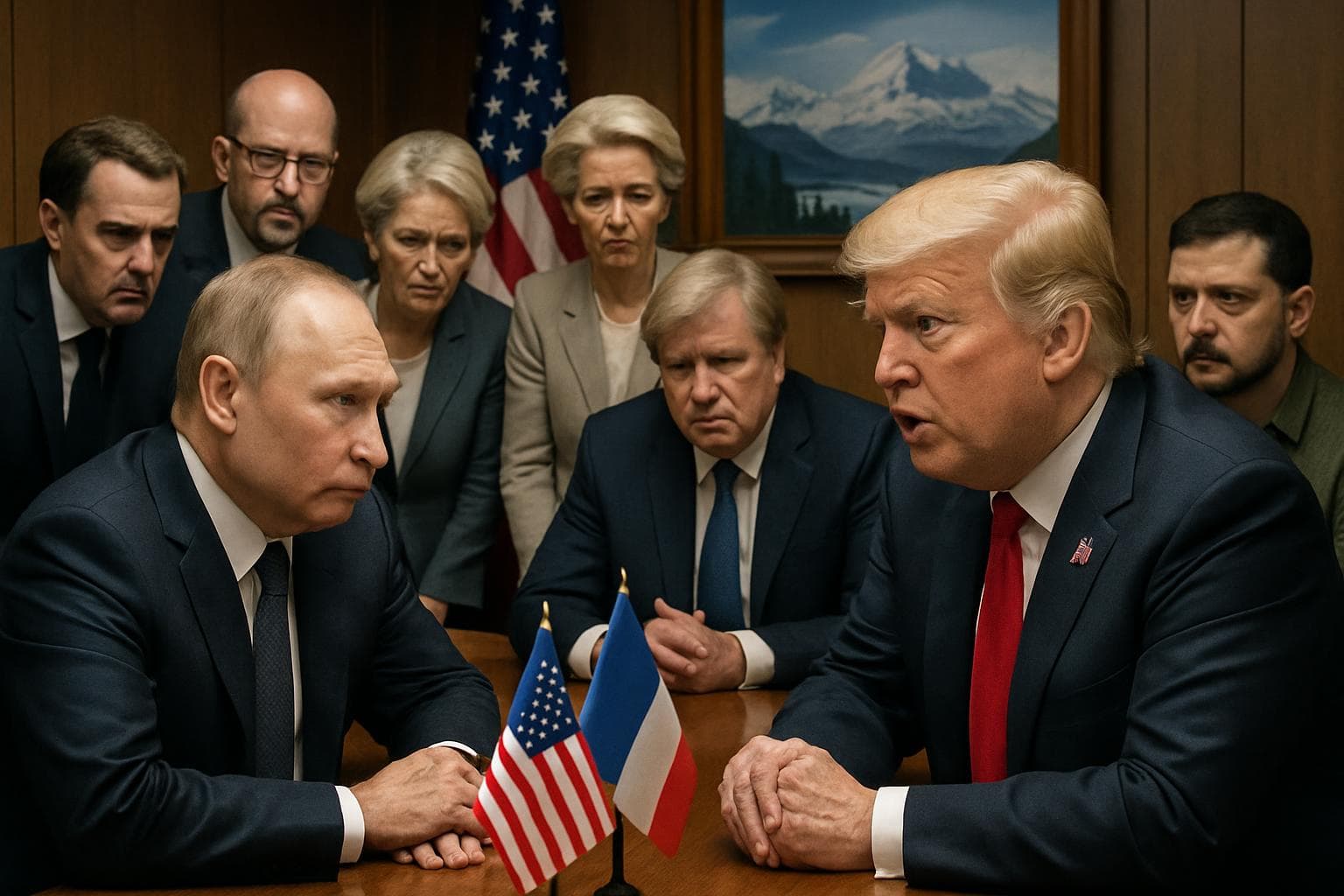 Trump and Putin in a meeting with European leaders in Alaska
