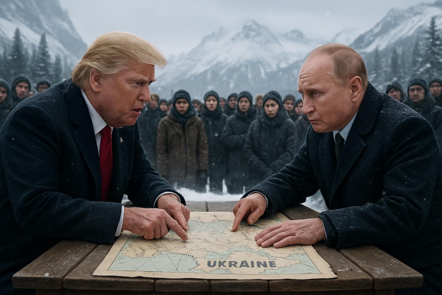 Trump and Putin meeting in snowy Alaska with Ukraine maps