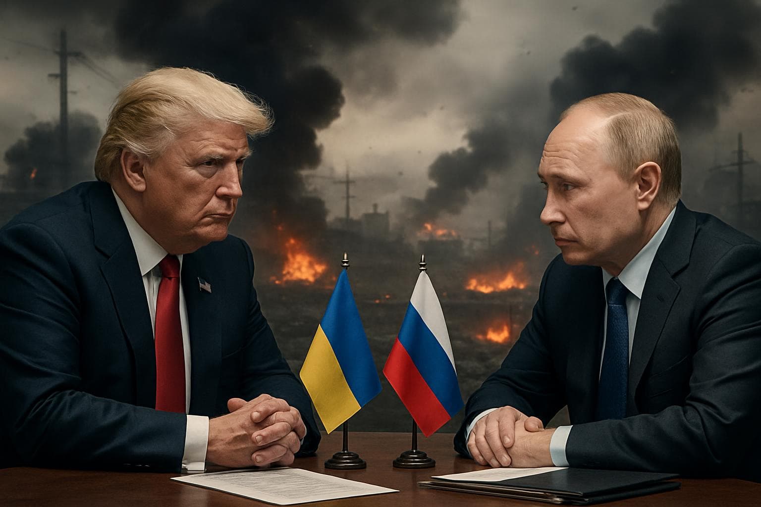 Donald Trump and Vladimir Putin in a tense meeting
