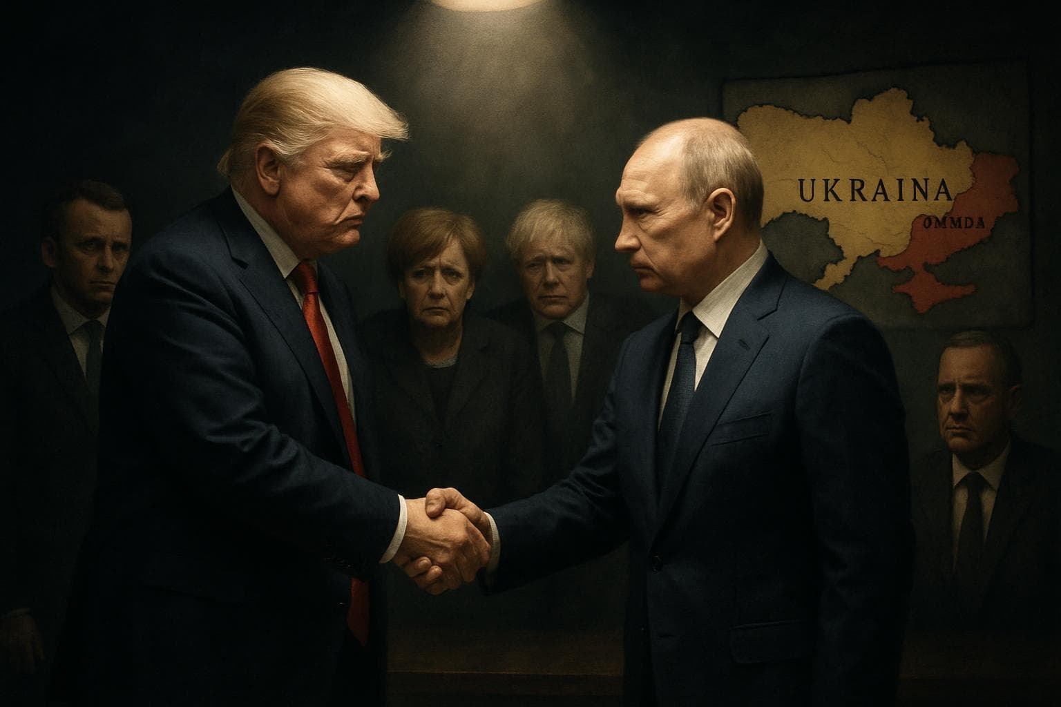 Trump and Putin shaking hands at Alaska summit with Ukraine map