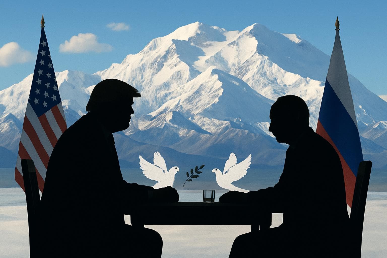 Silhouetted Trump and Putin at negotiation table with flags
