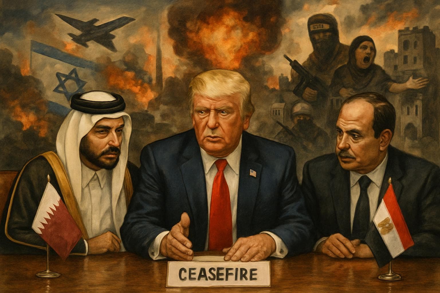 Donald Trump in a diplomatic meeting with symbols of Qatar and Egypt