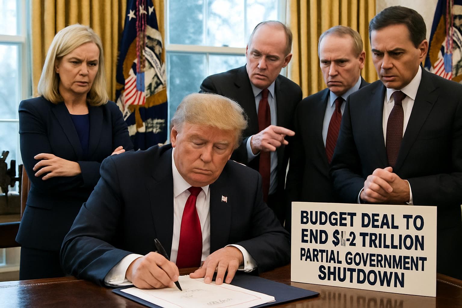 President Trump signing a budget deal at a negotiation table
