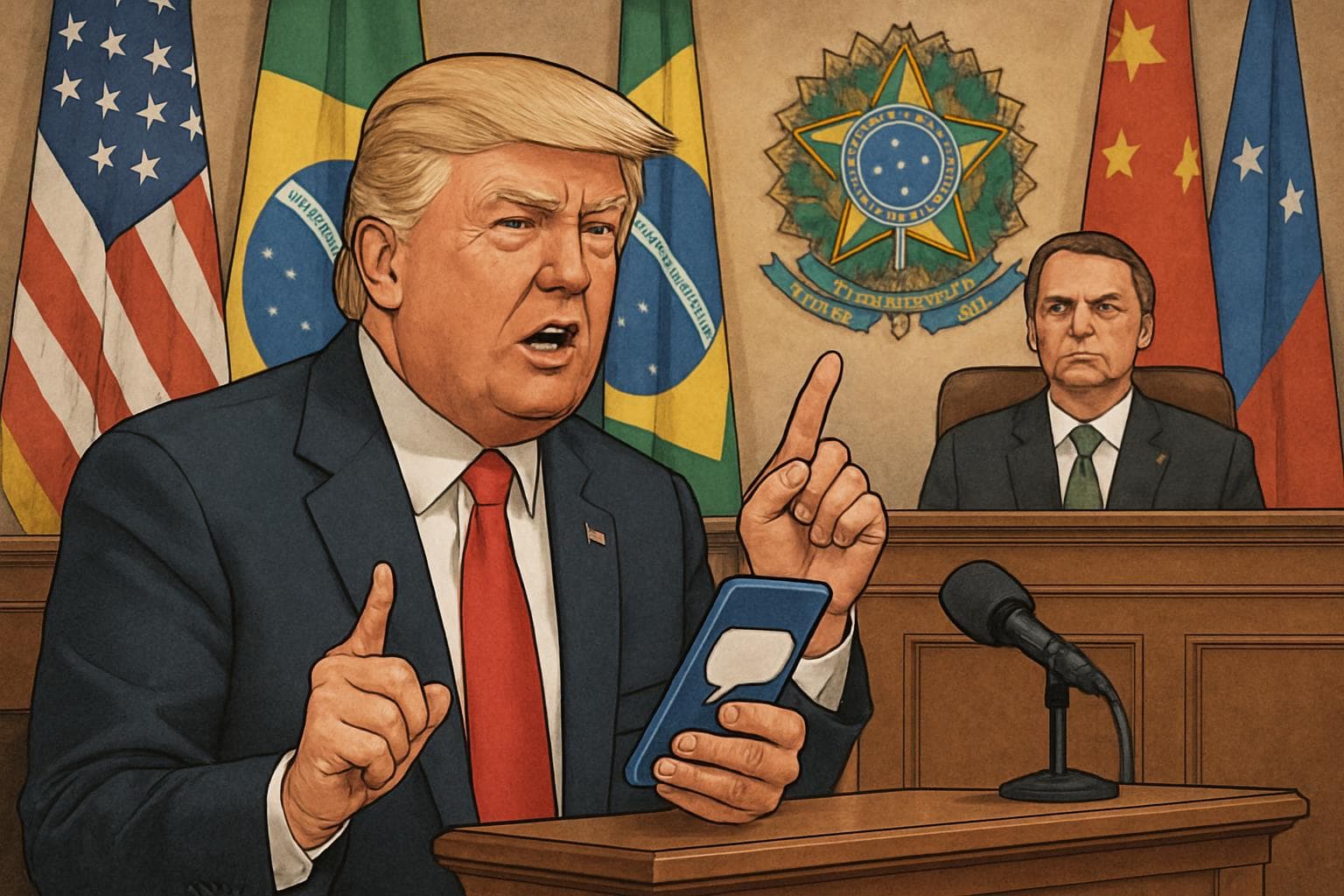 Donald Trump speaking on social media supporting Jair Bolsonaro in courtroom