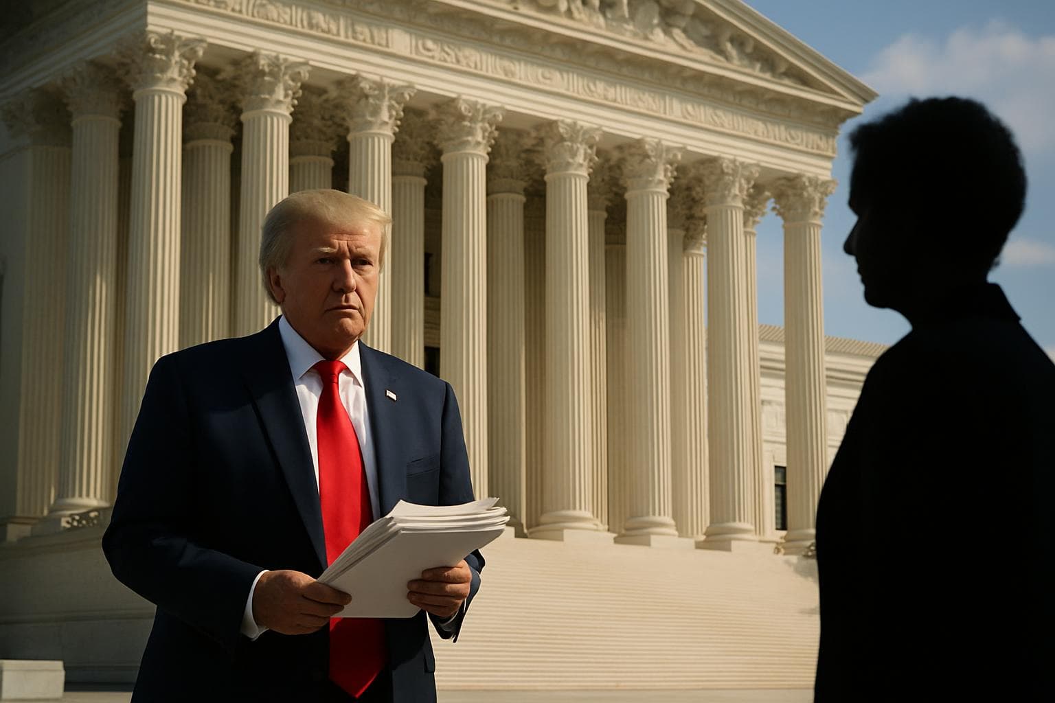 Donald Trump at Supreme Court with legal documents