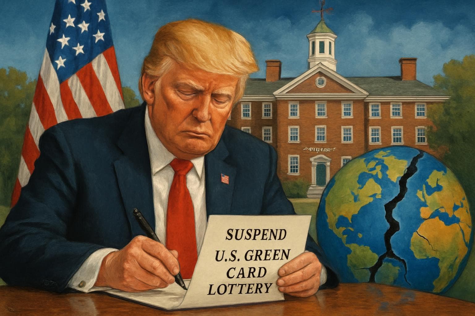 President Trump signing document with Brown University in background