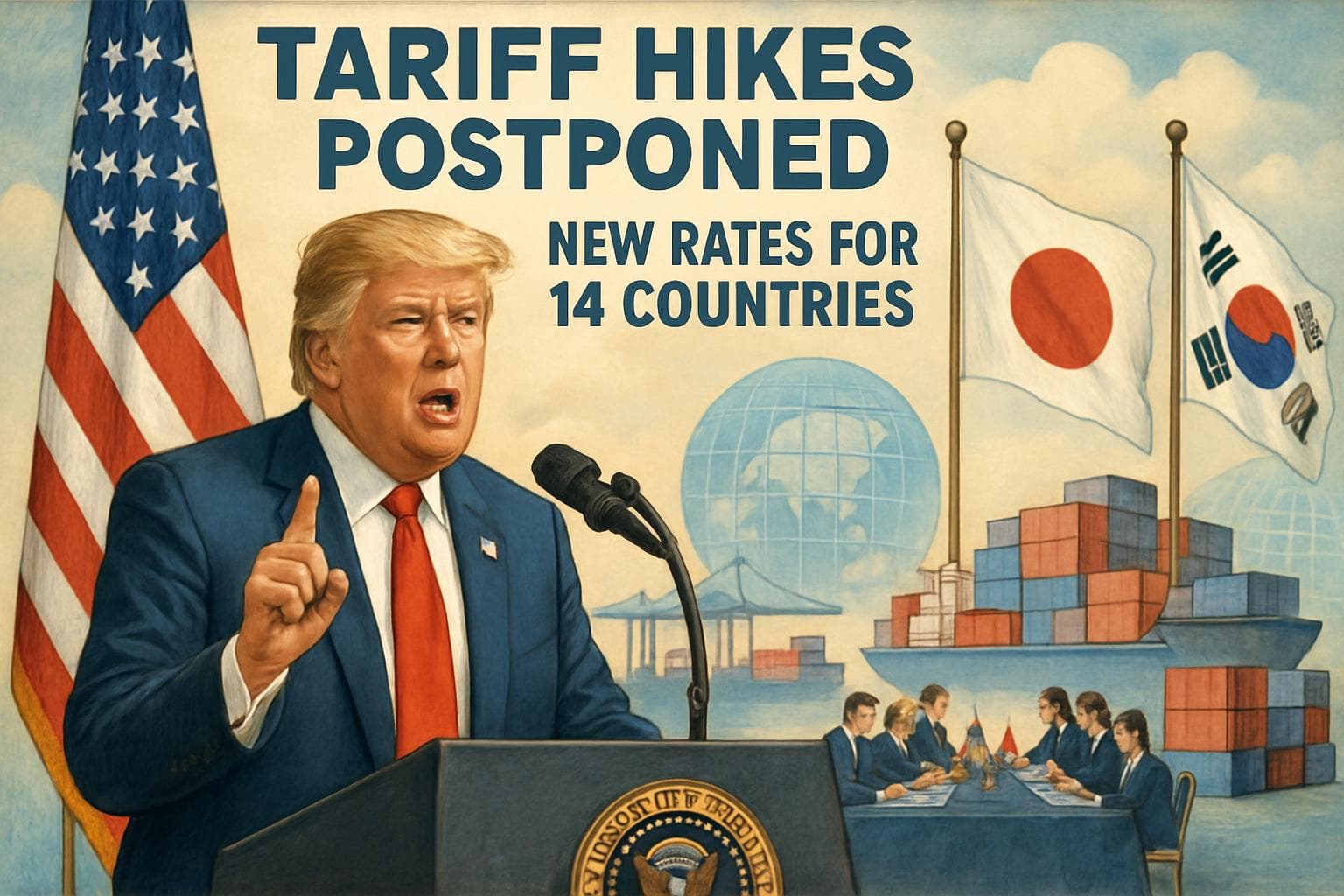 President Trump with Japan and South Korea flags in background