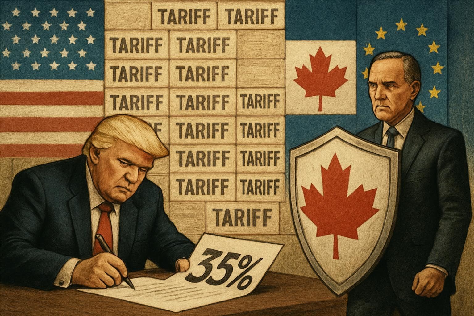 Trump signing tariff paper with US, Canadian, and EU flags