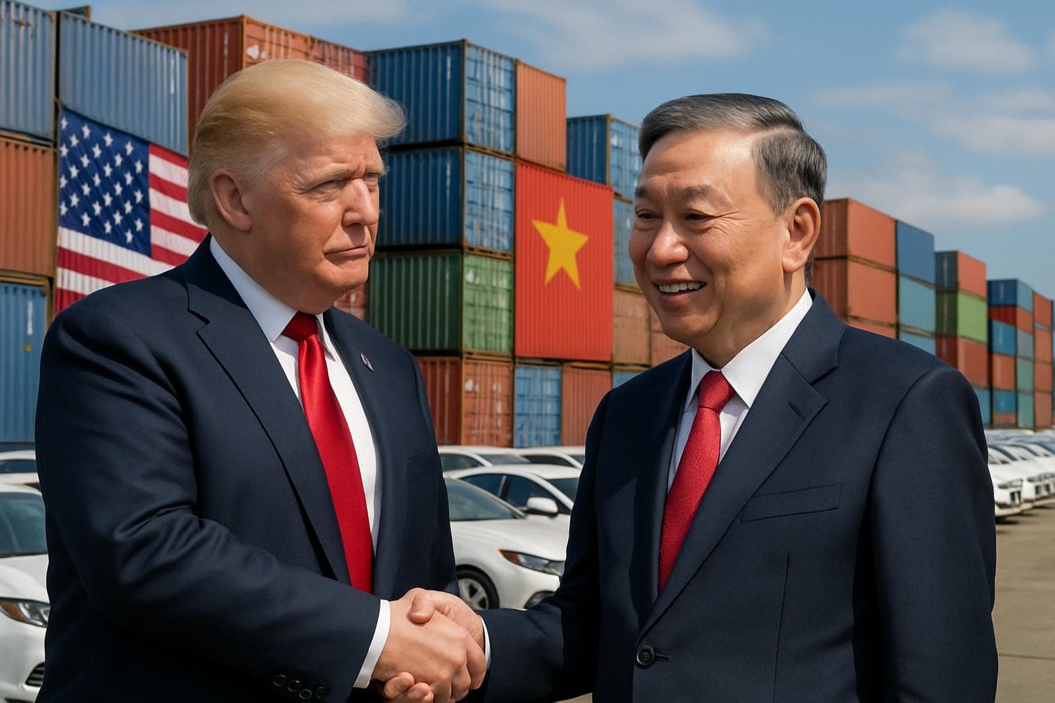 Donald Trump and To Lam shaking hands with shipping containers in background