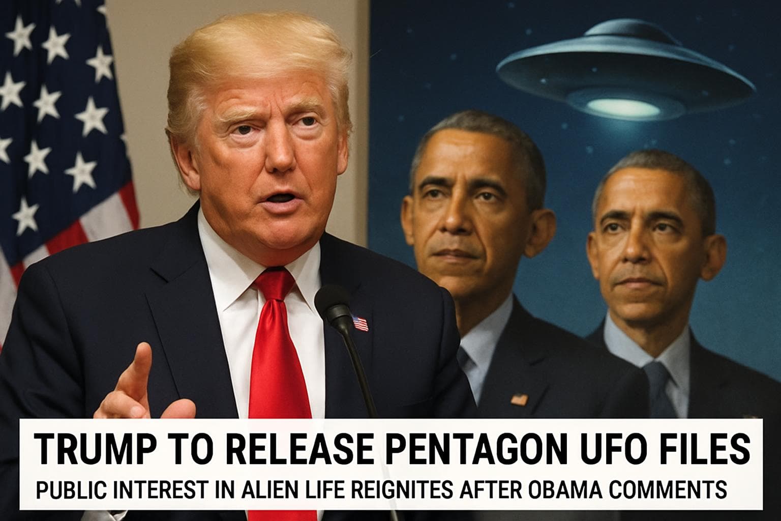 Donald Trump at podium discussing UFO files release