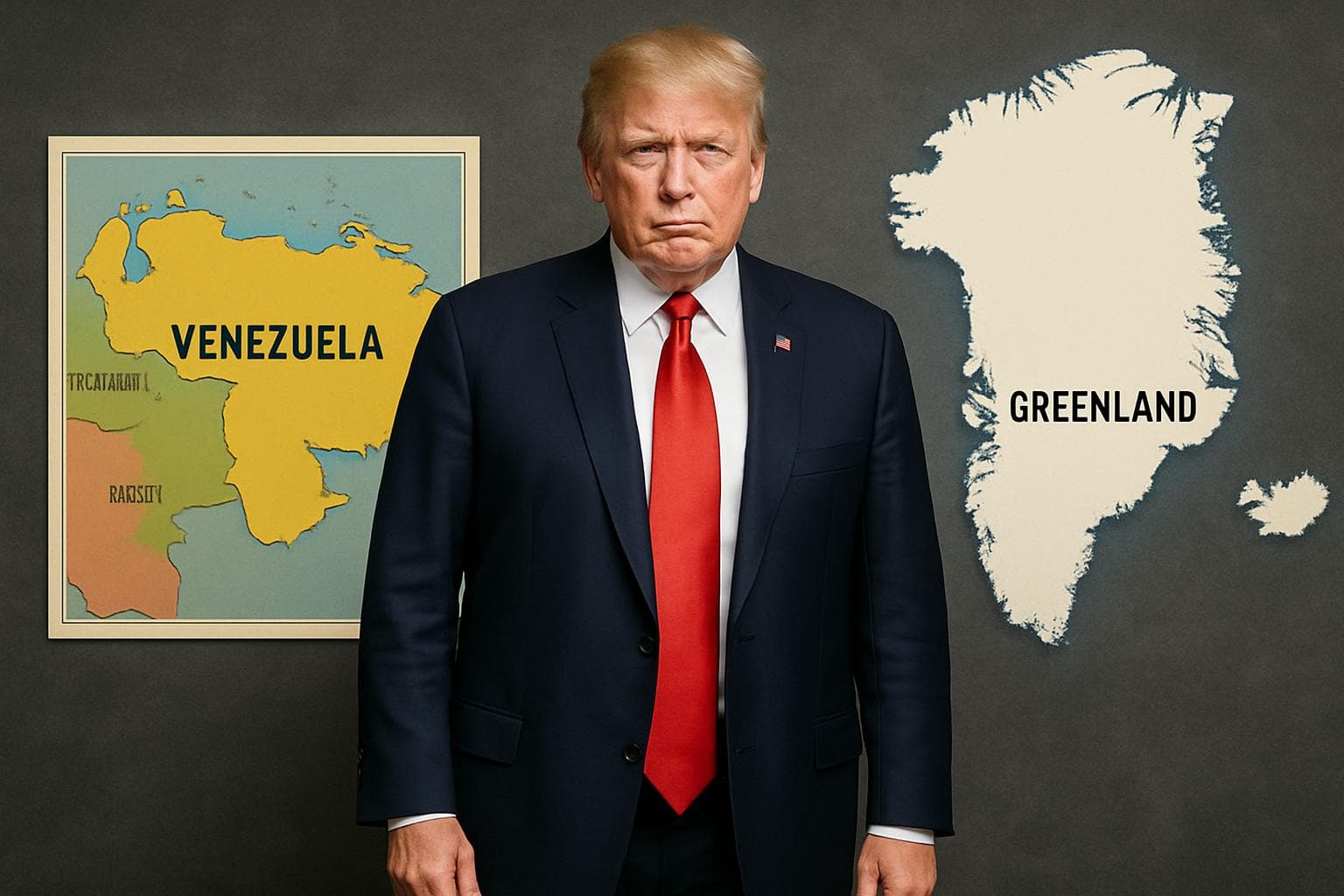 Donald Trump standing between maps of Venezuela and Greenland