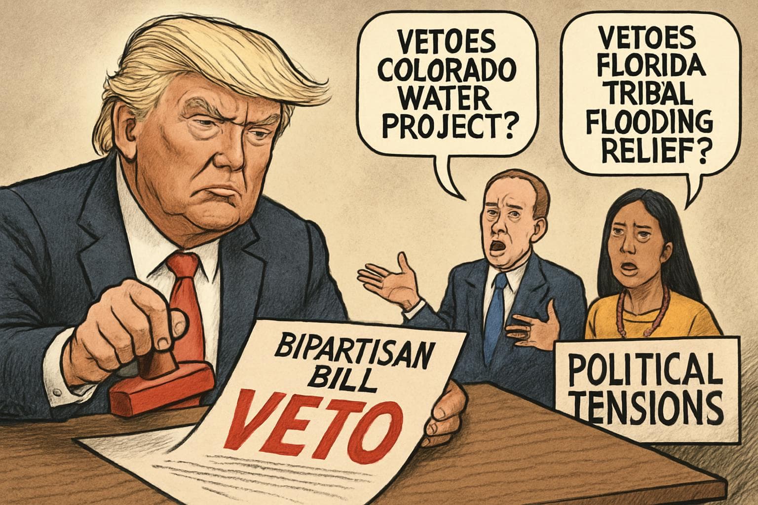 Donald Trump speaking at a podium with veto documents