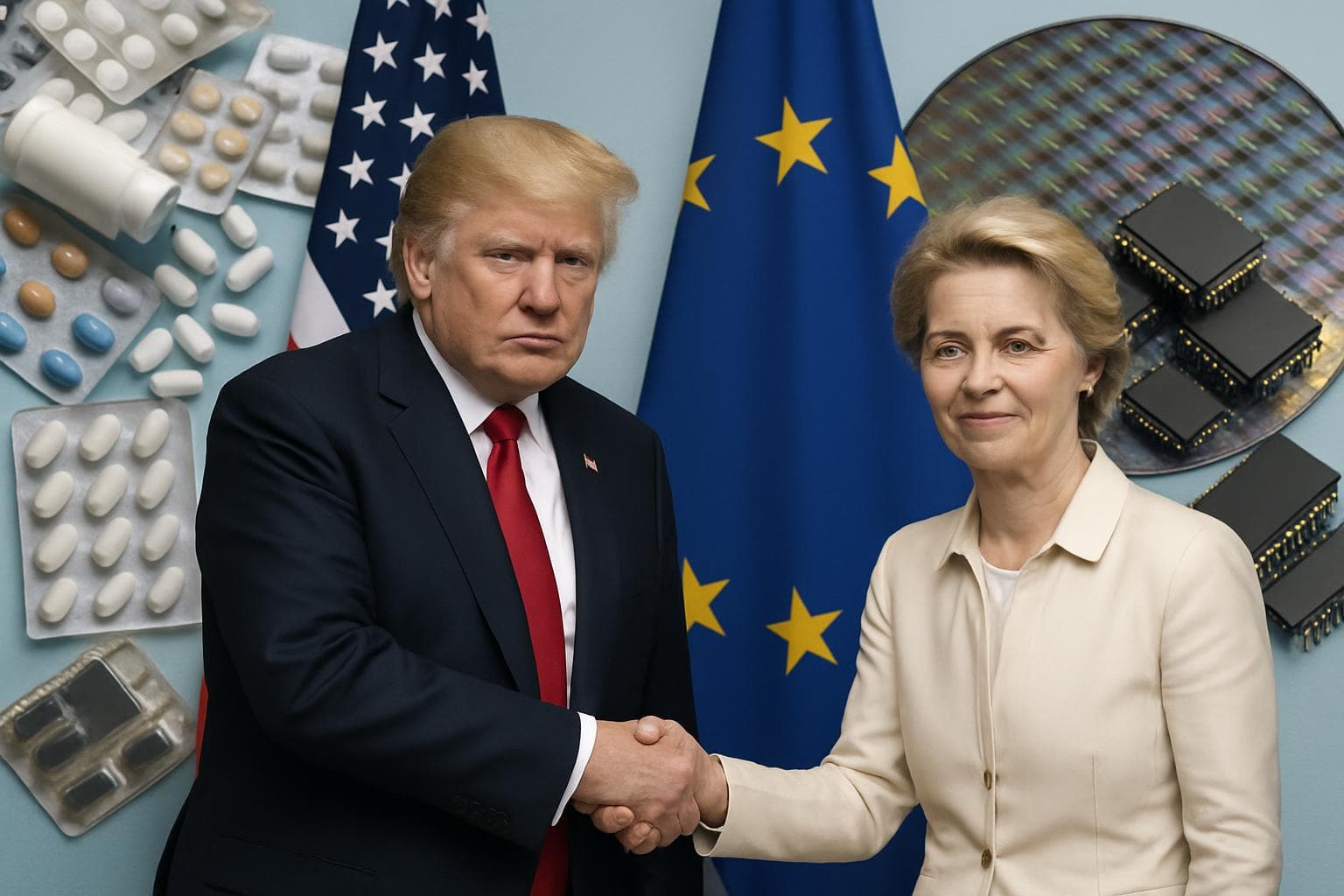 Handshake between Trump and von der Leyen with trade symbols