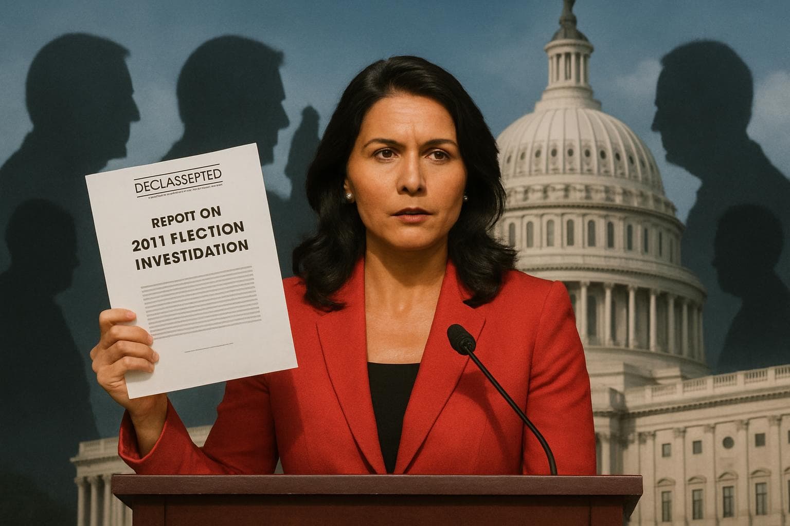 Tulsi Gabbard at podium with U.S. Capitol backdrop