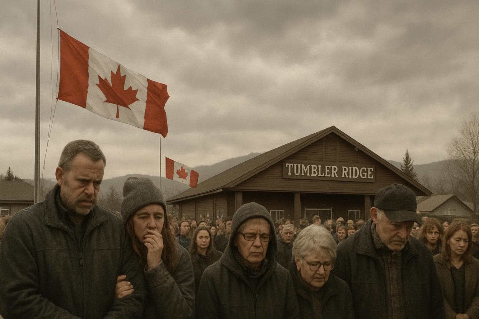 Community gathering under half-mast flags in Tumbler Ridge