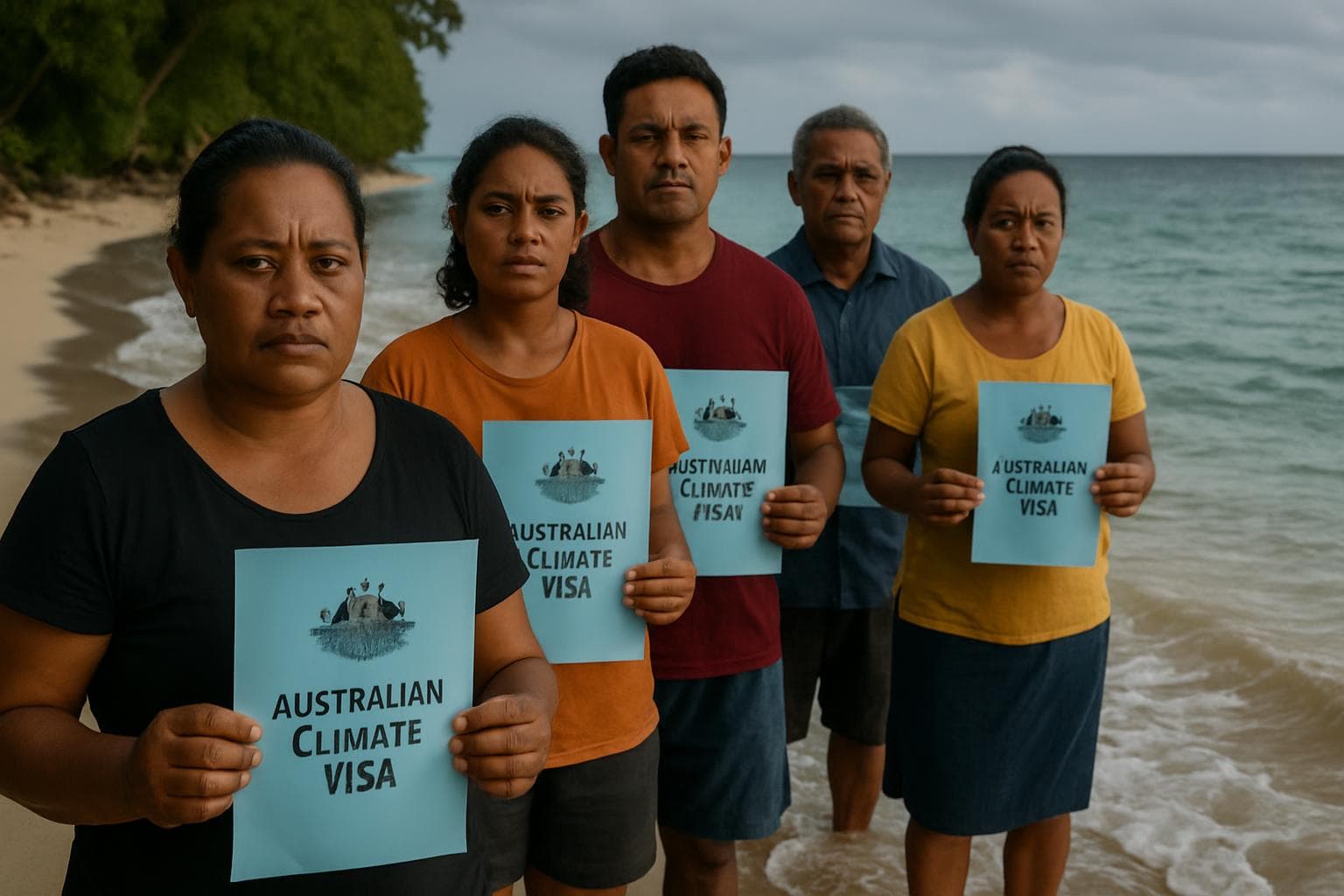 Tuvaluans holding climate visas on a shrinking beach