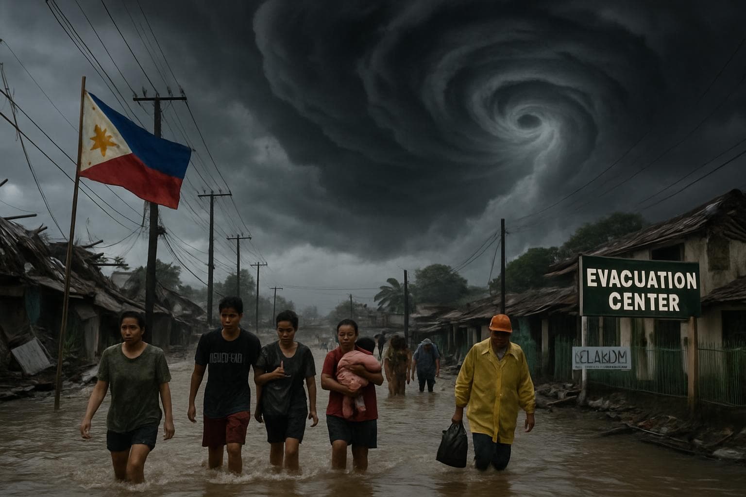 Flooded streets in the Philippines with people evacuating