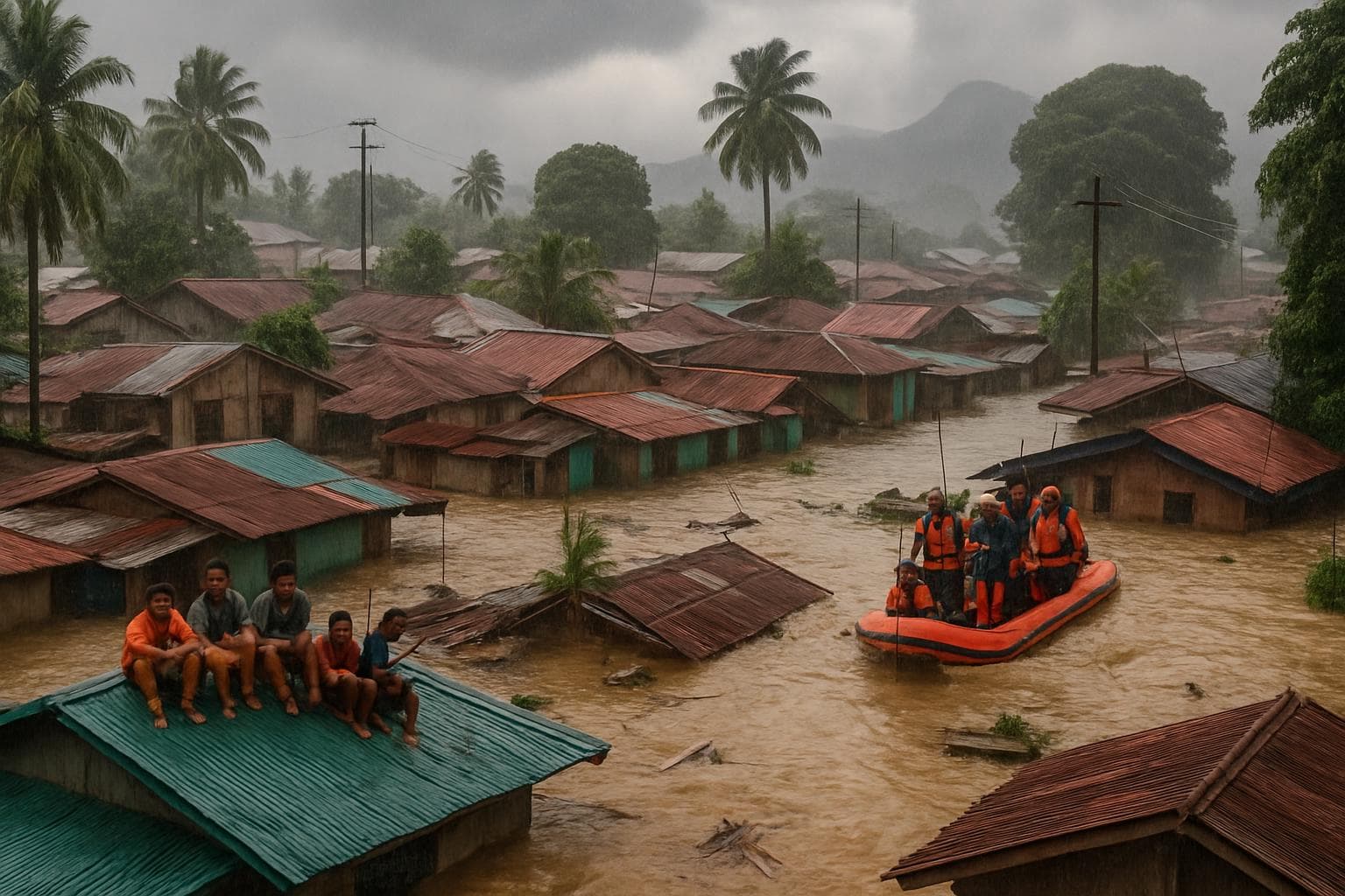 Residents on rooftops during typhoon flood in Cebu, Philippines