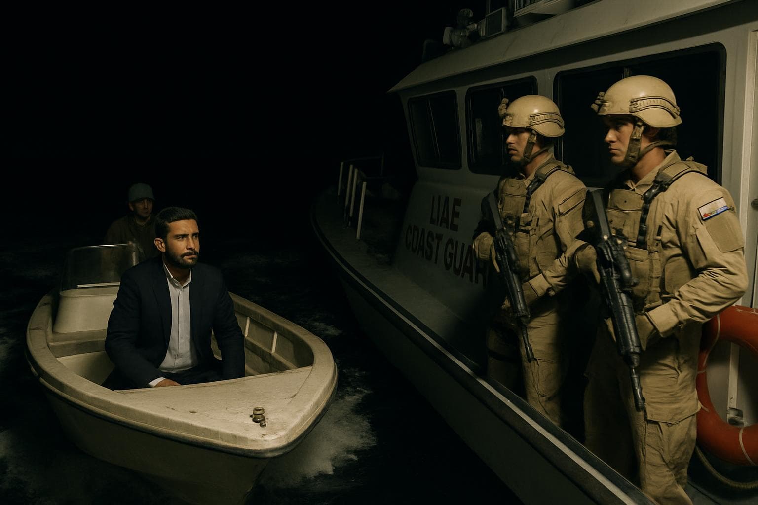 UAE officers assisting Yemeni leader on a boat