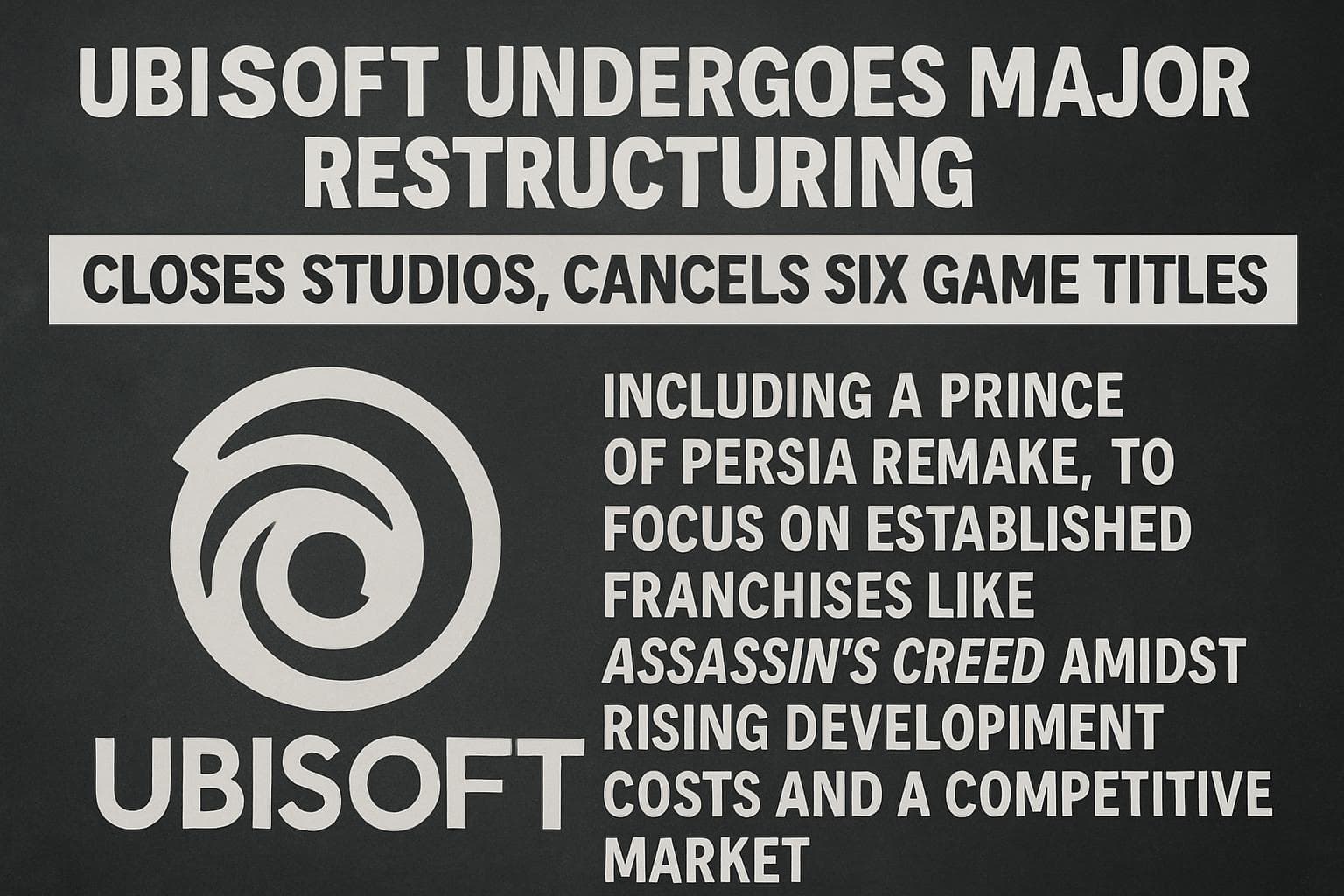 Ubisoft logo with closed studios and canceled game titles