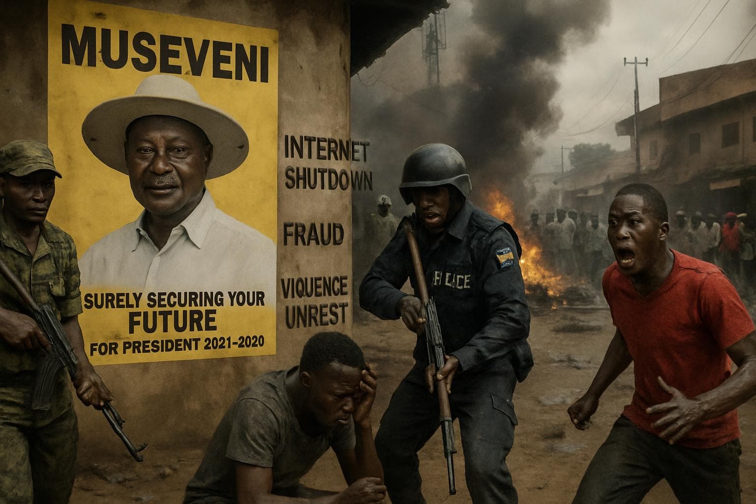 Ugandan election scene with President Museveni and unrest