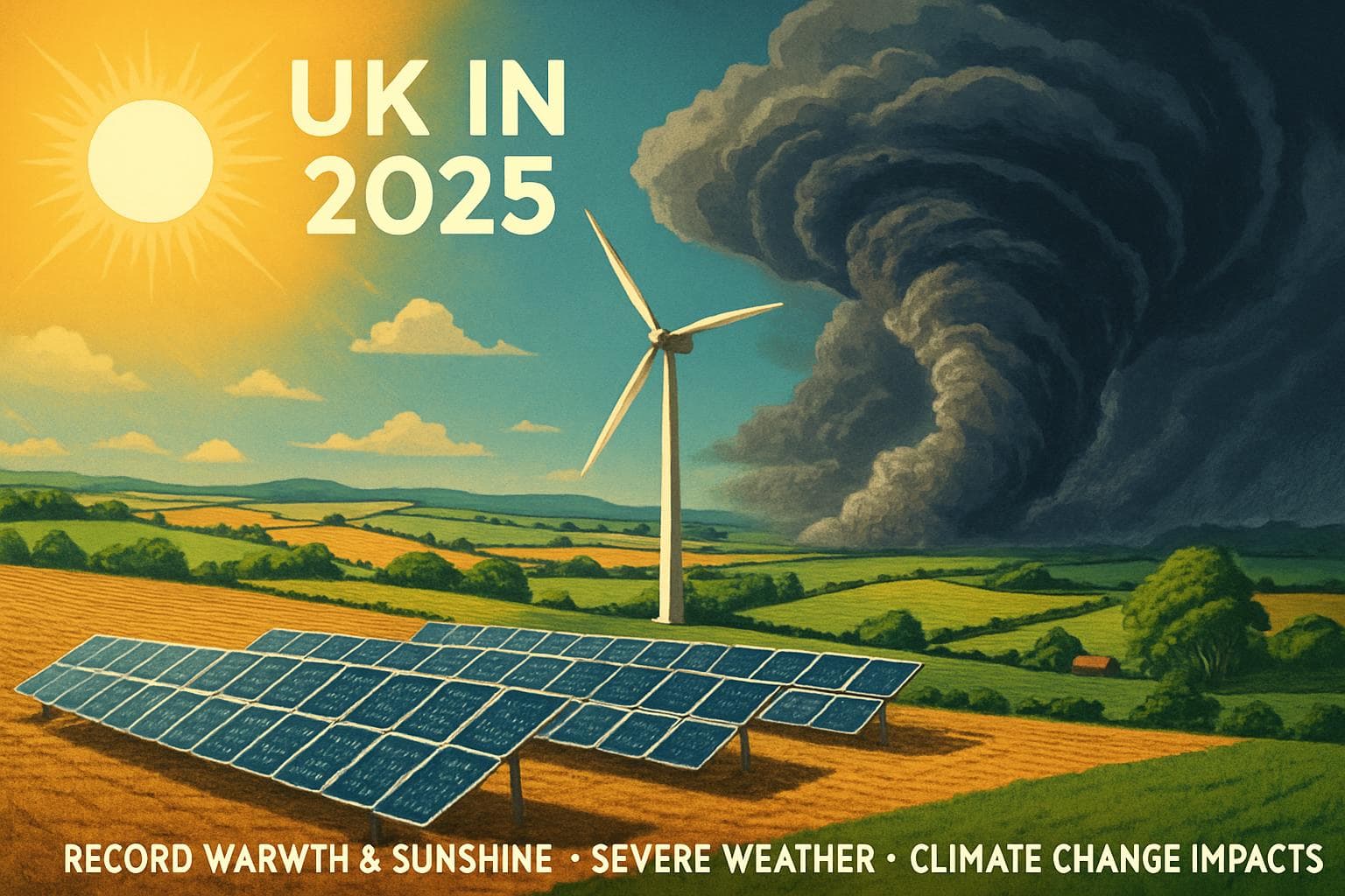 UK landscape in 2025 with solar panels and windstorm