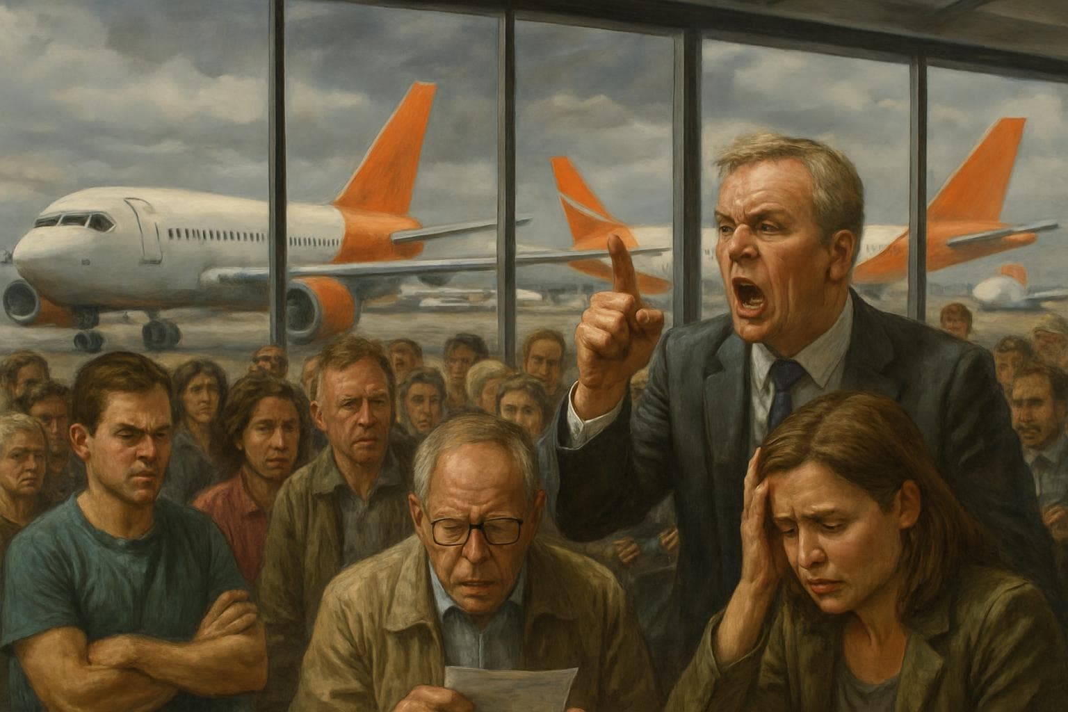 Frustrated passengers at a chaotic UK airport with grounded planes