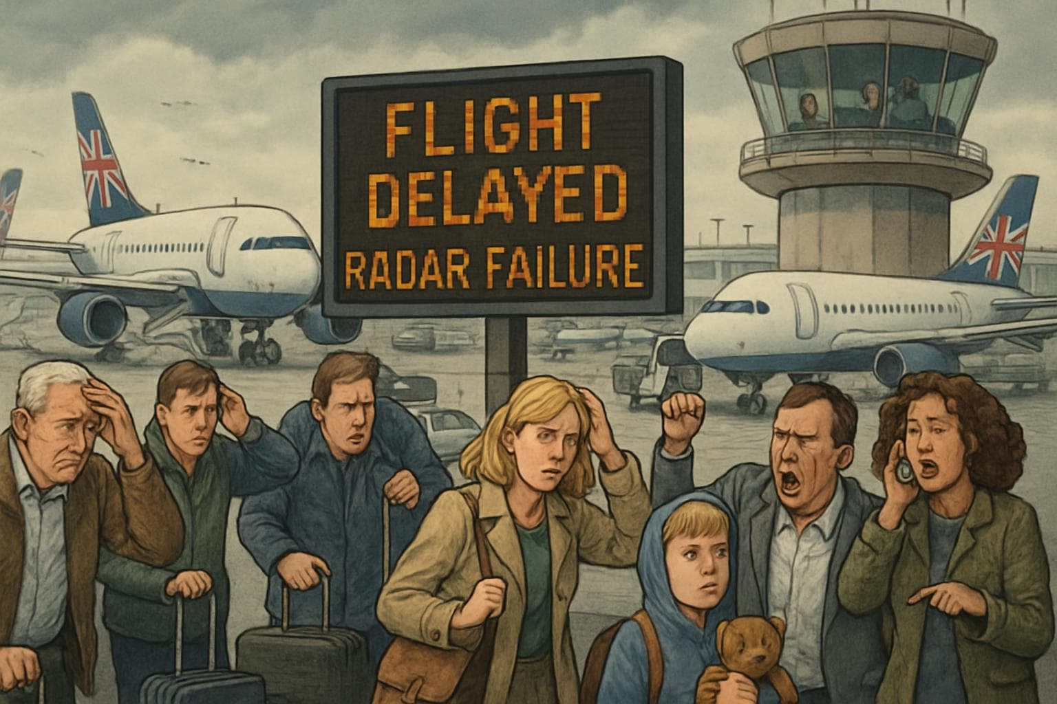 Busy UK airport with grounded planes and passengers