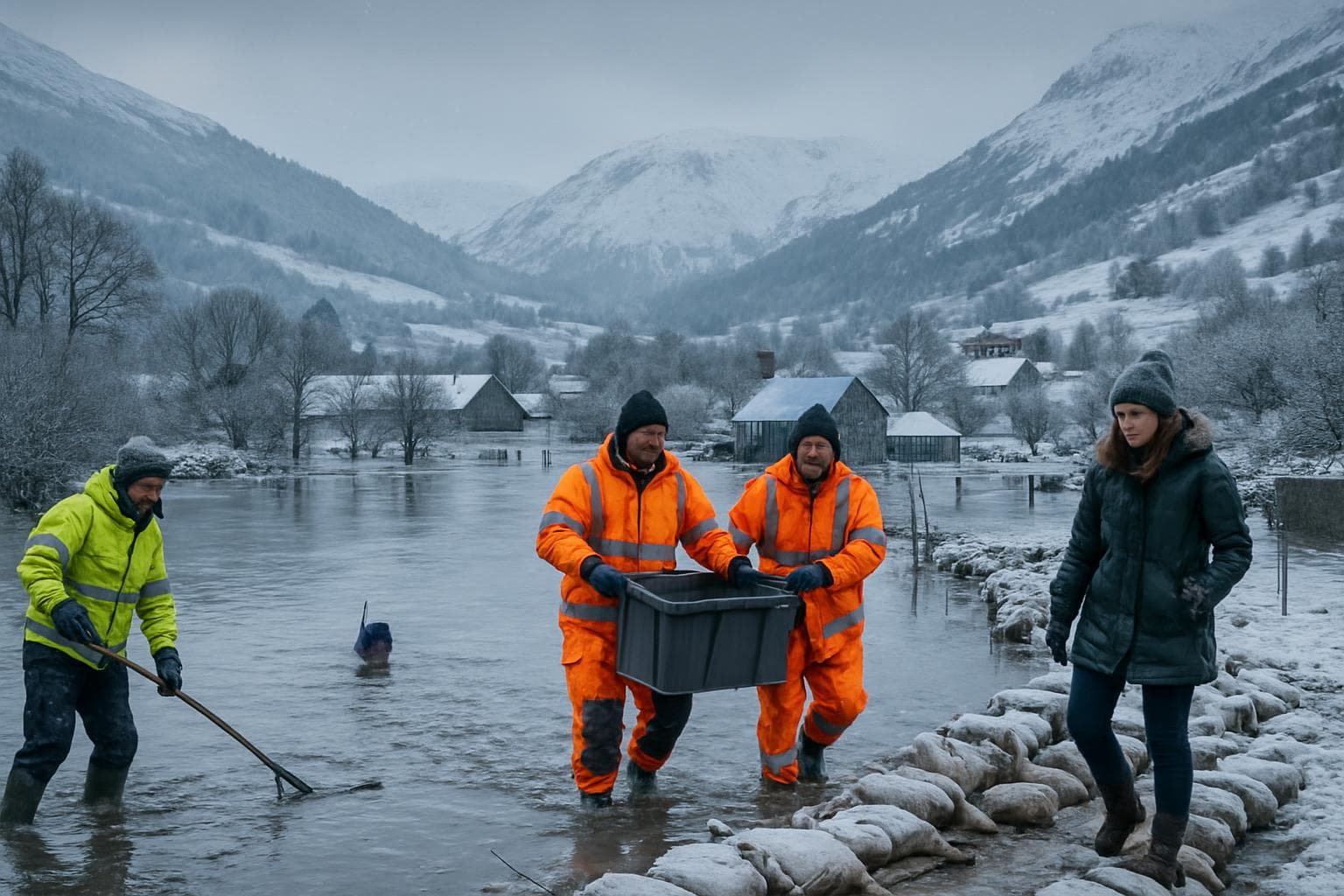 Snow-covered landscape in the UK with flood recovery efforts