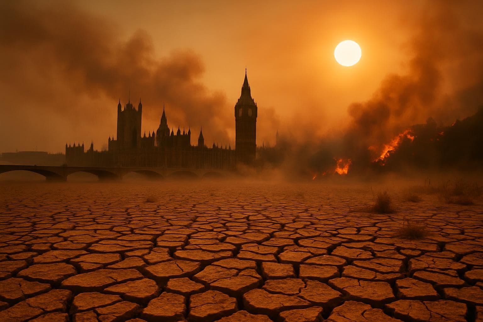 Arid UK landscape with cracked earth and wildfire smoke