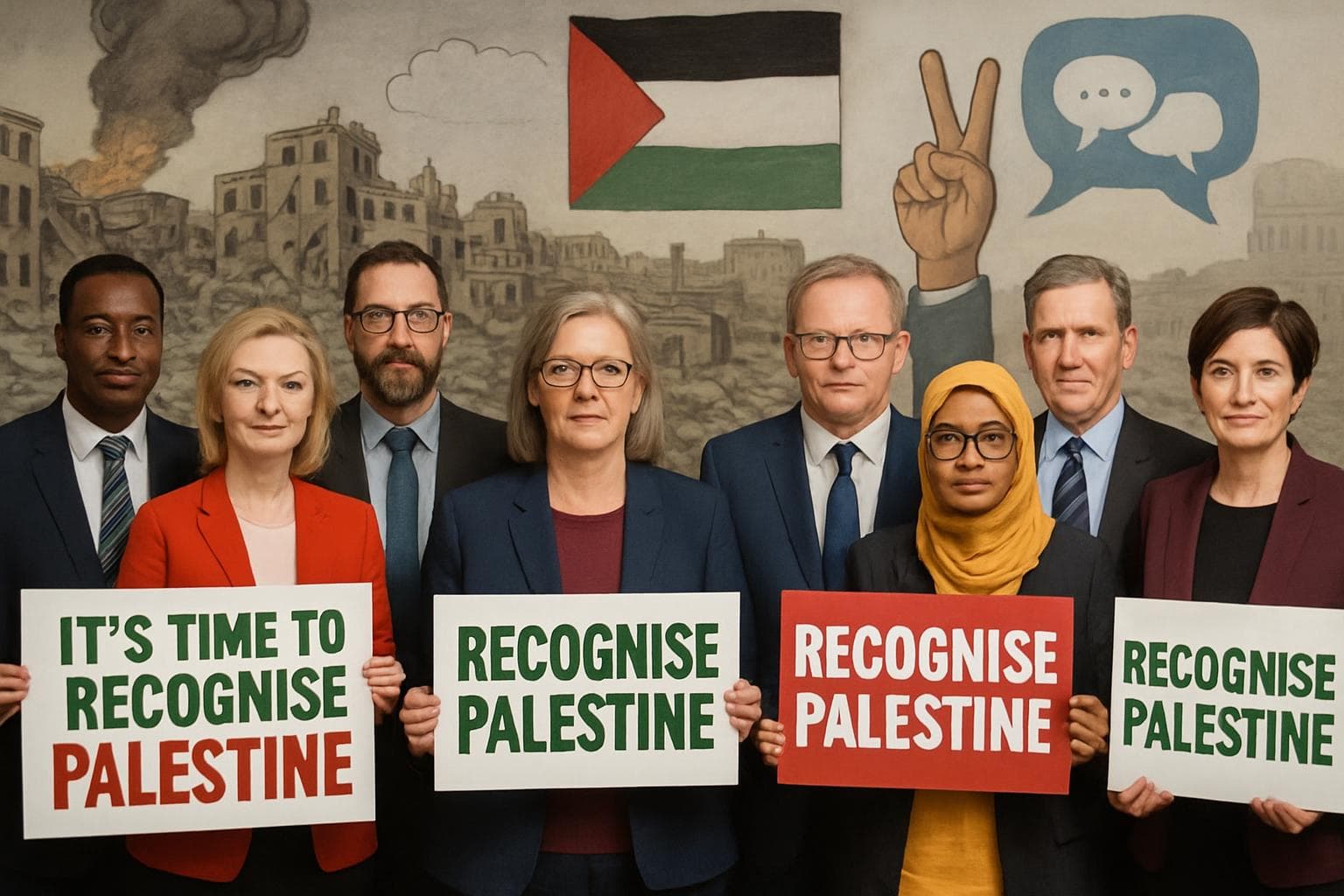 UK and Australian politicians with placards for Palestine