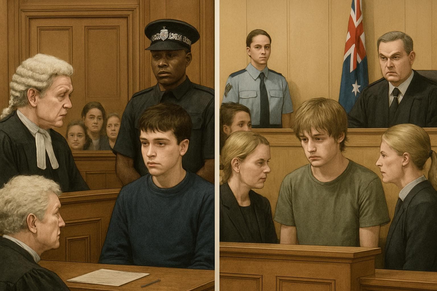Two teenagers in a courtroom facing legal charges