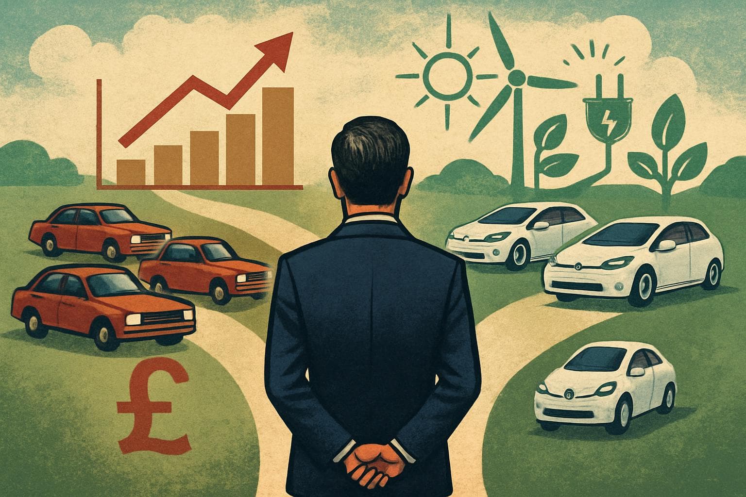 Political leader at crossroads with petrol and electric vehicle paths