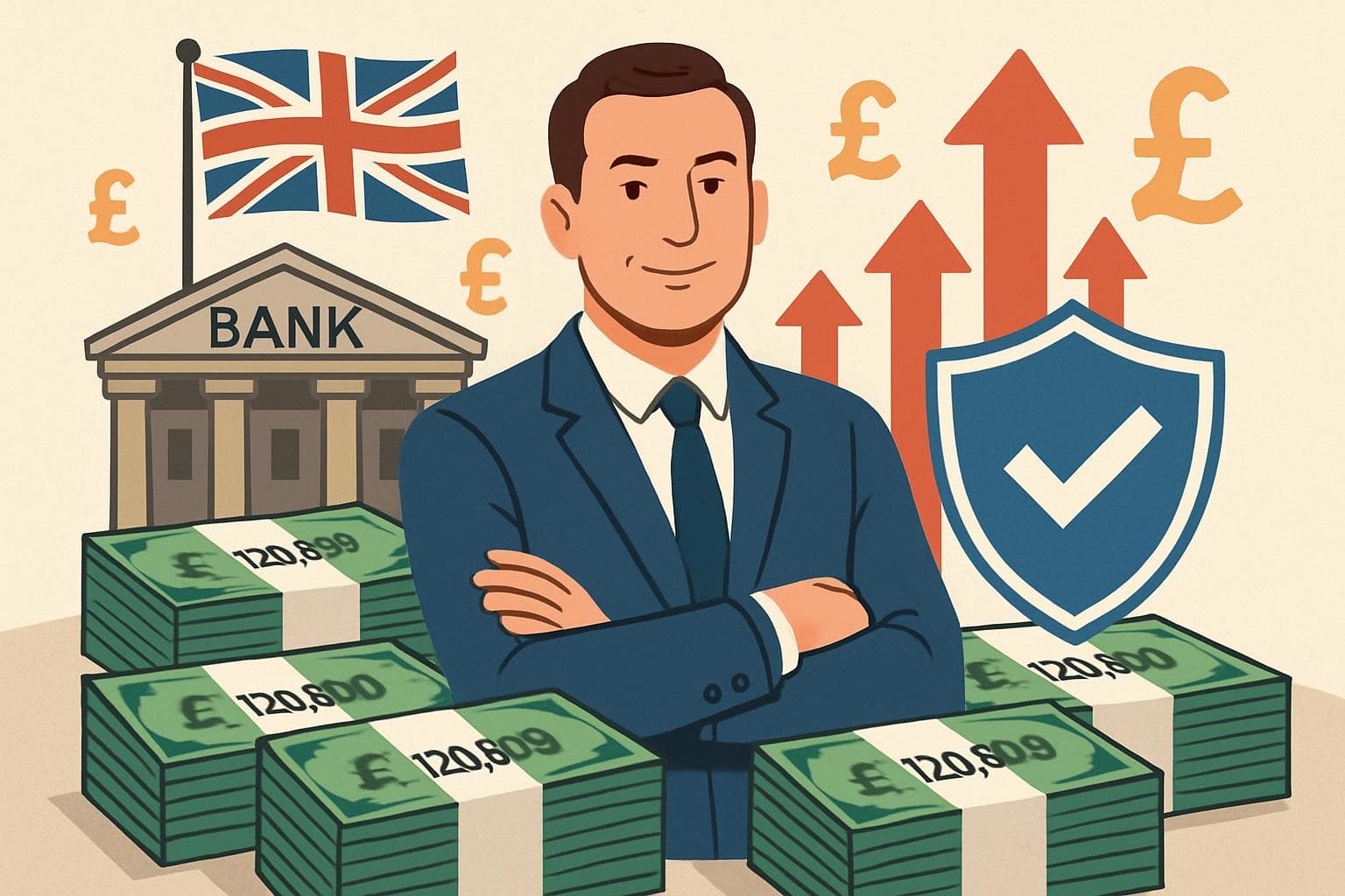 Confident UK bank customer with money stacks and shield