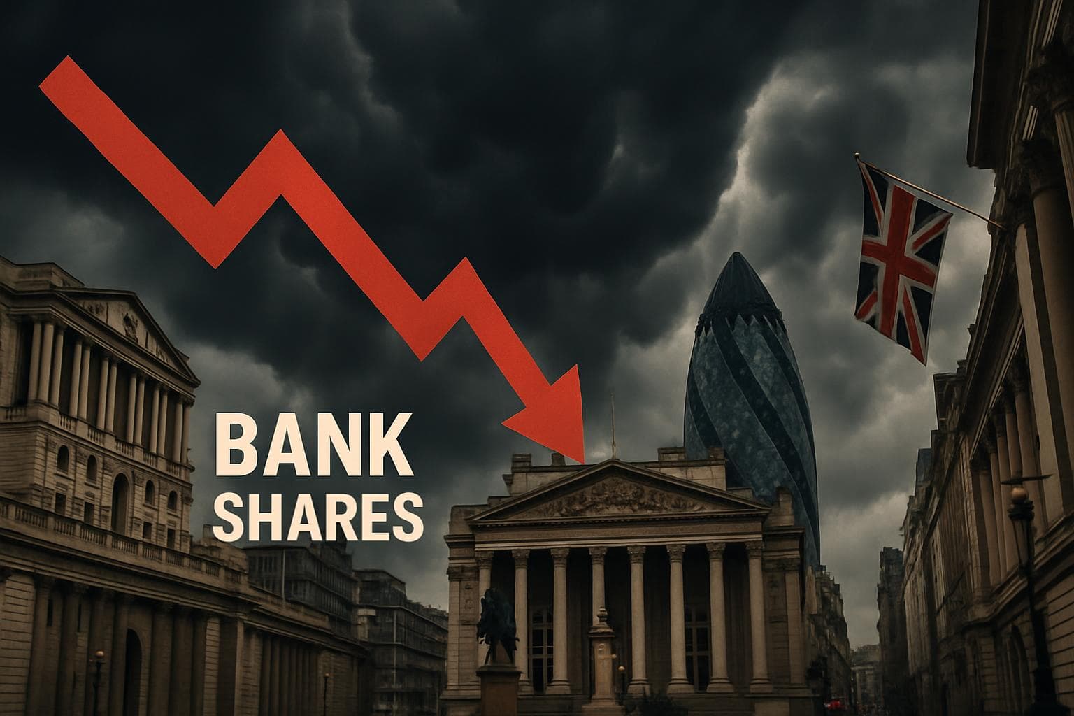 Dark storm clouds over UK bank buildings
