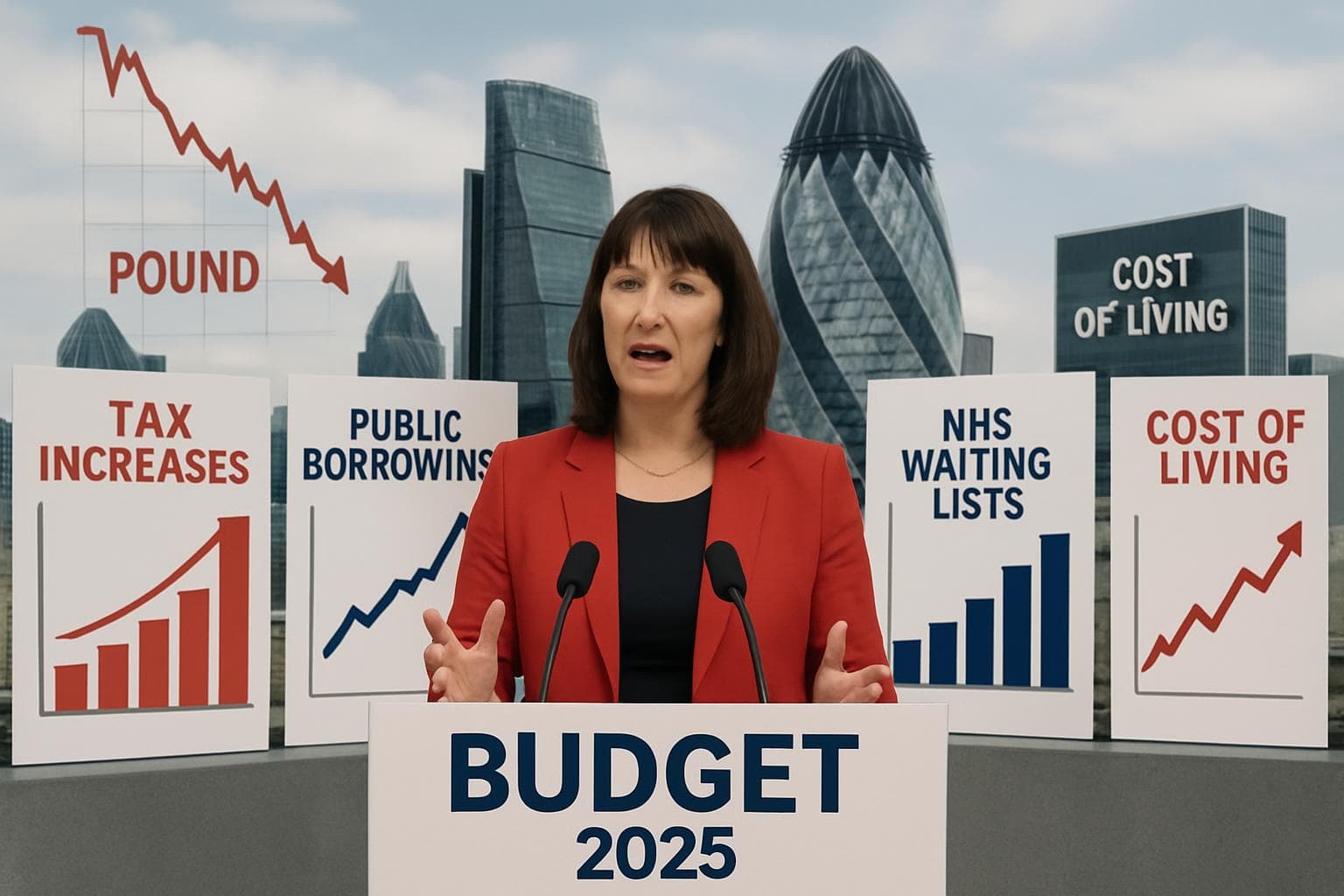 Chancellor Rachel Reeves at podium with economic charts