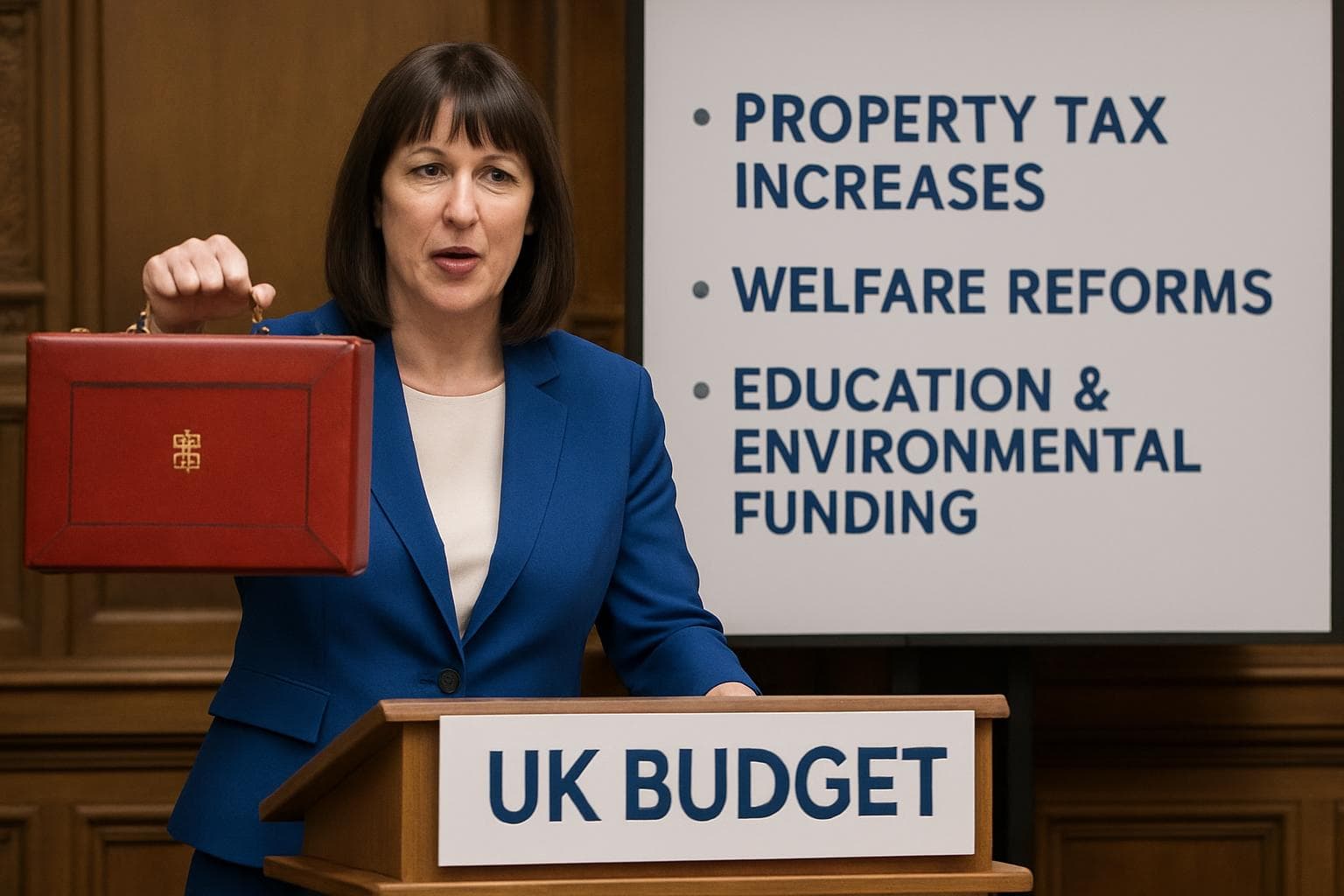 Rachel Reeves presenting UK budget with tax and funding changes