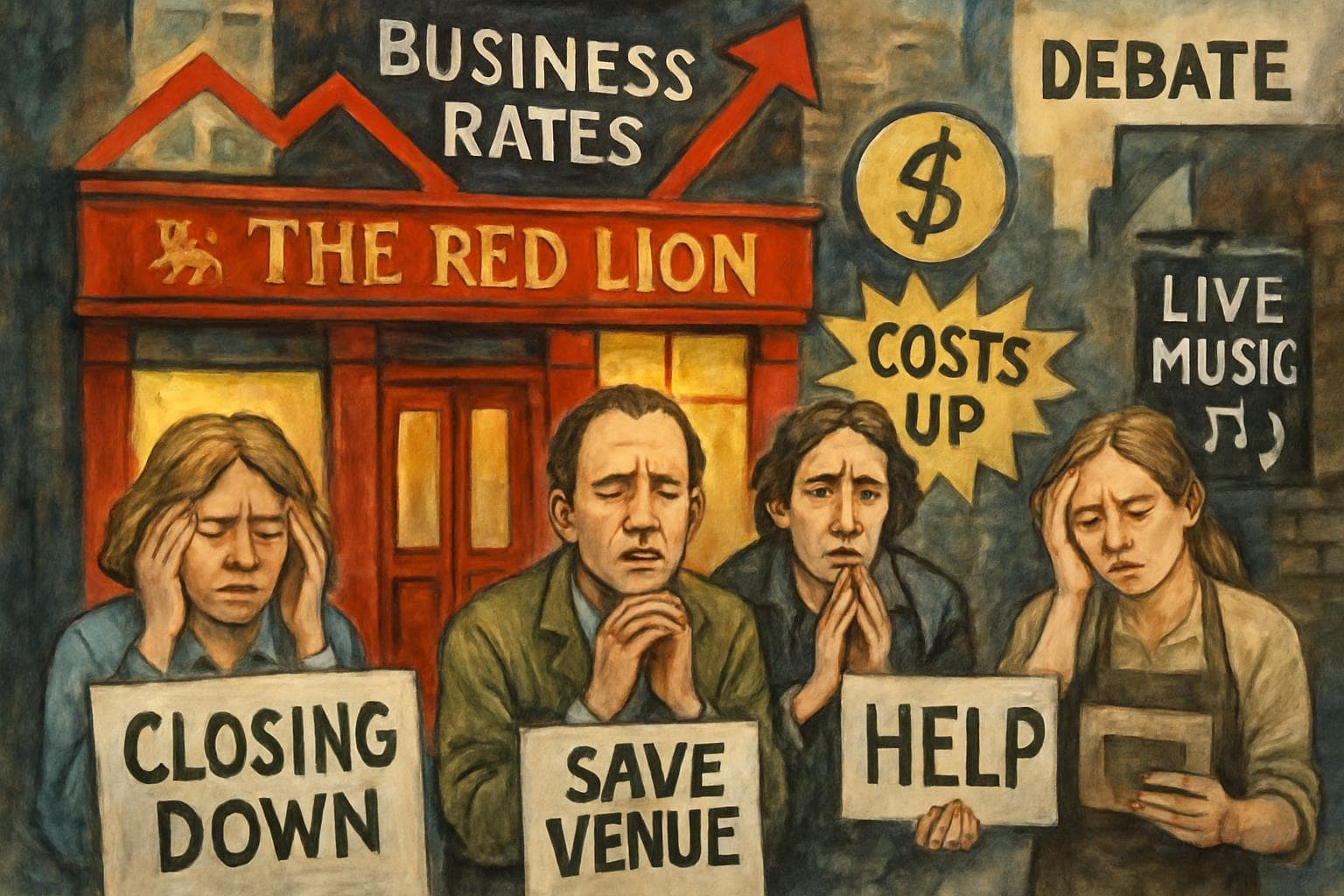 Distressed UK business owners outside a pub discussing rising costs