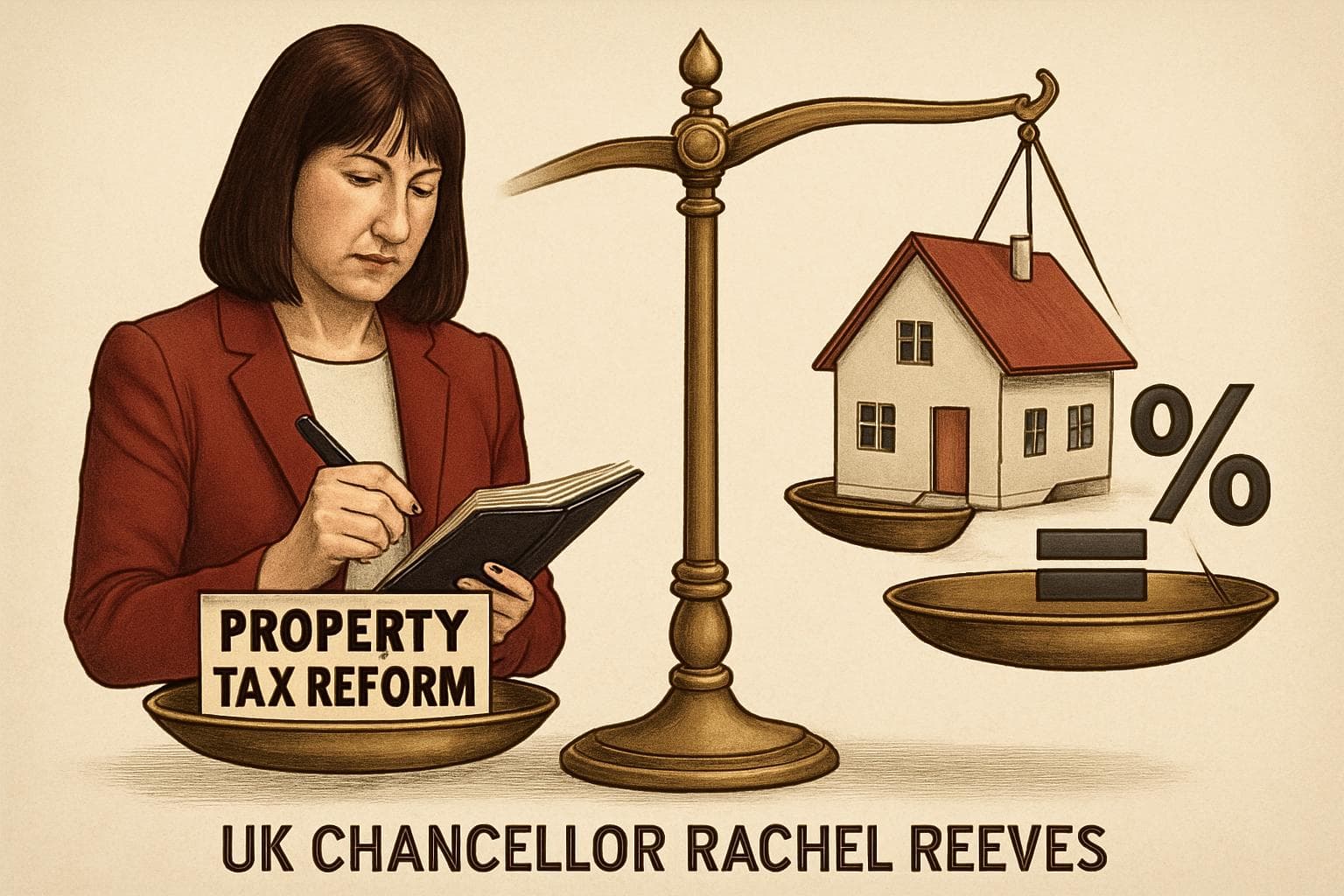 Rachel Reeves analyzing property tax reform on a balancing scale