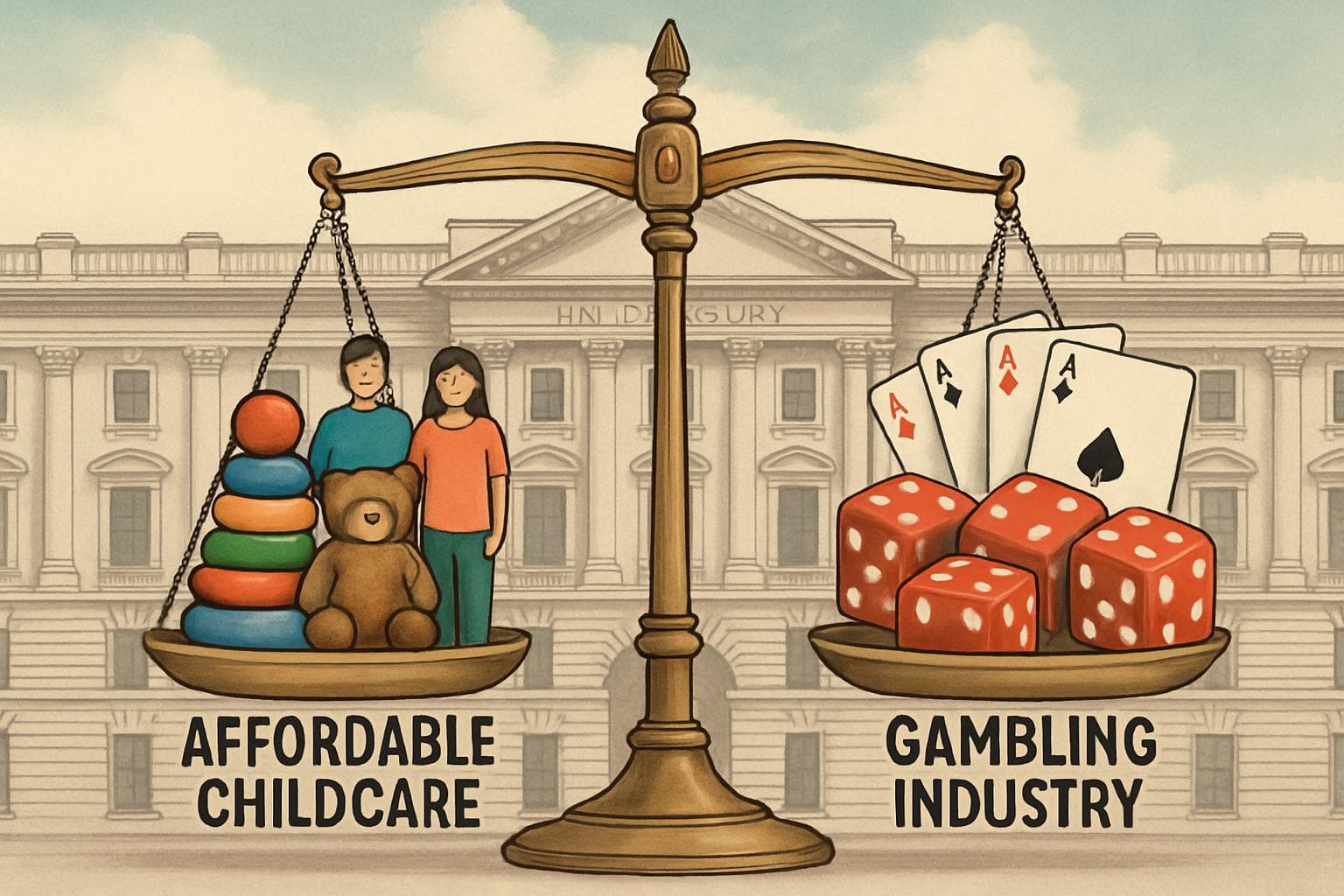 Scale balancing childcare and gambling symbols in front of UK Treasury
