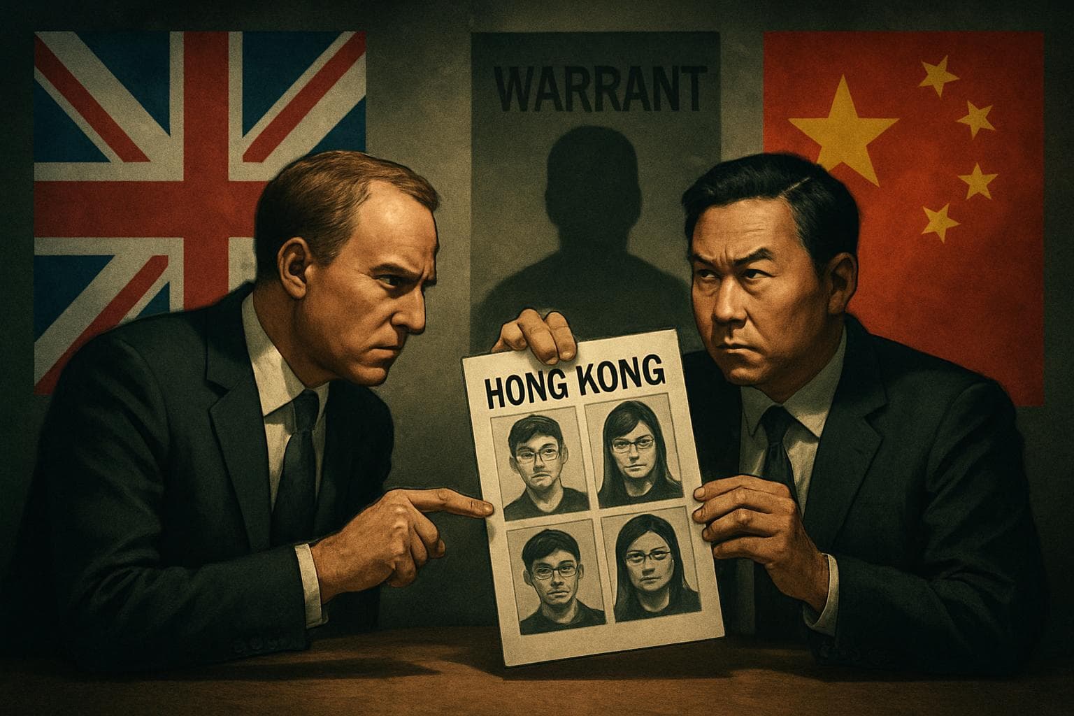 UK and China figures with flags and activist list